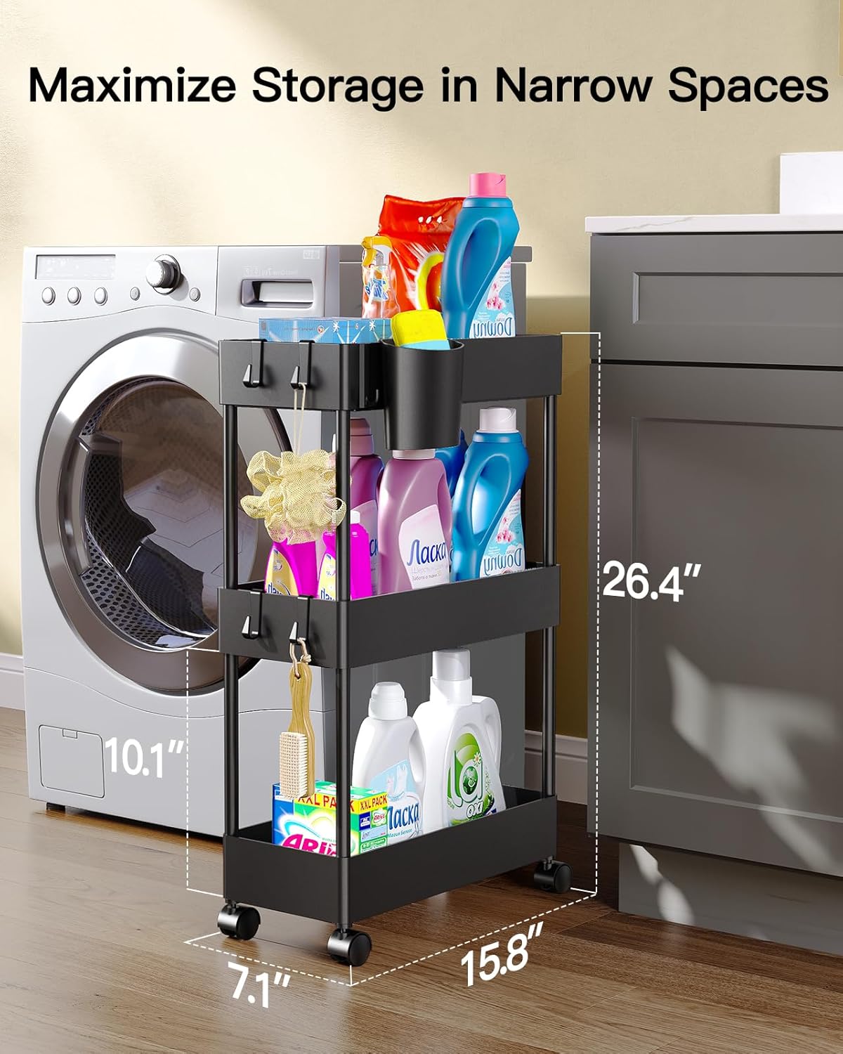 Pipishell Slim Storage Cart with Wheels - 3 Tier Bathroom Organizers and Storage Cart - Rolling