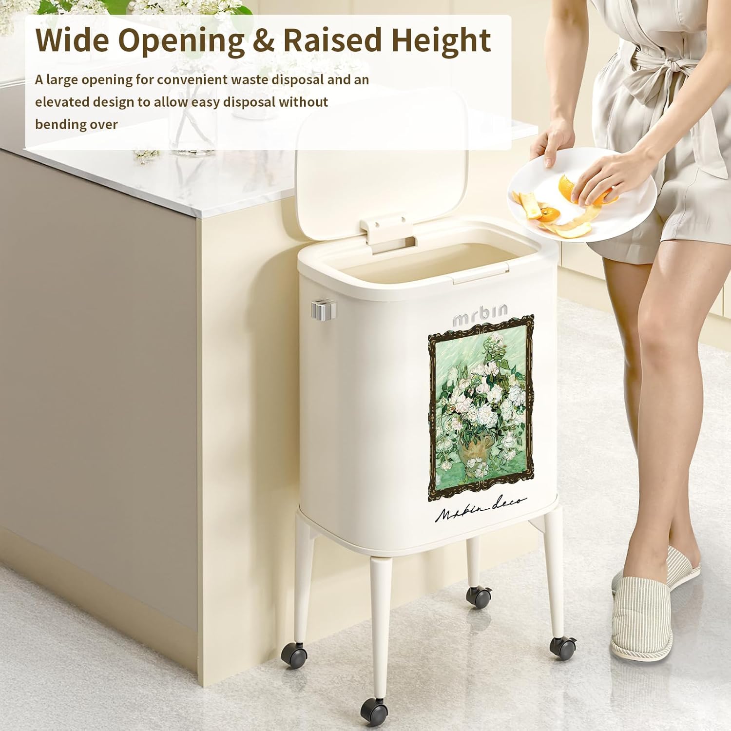 MRBIN Metal Kitchen Trash Can with Wheel Legs, 36L / 9.5gal Medium Press Lid Slim Removable Waste