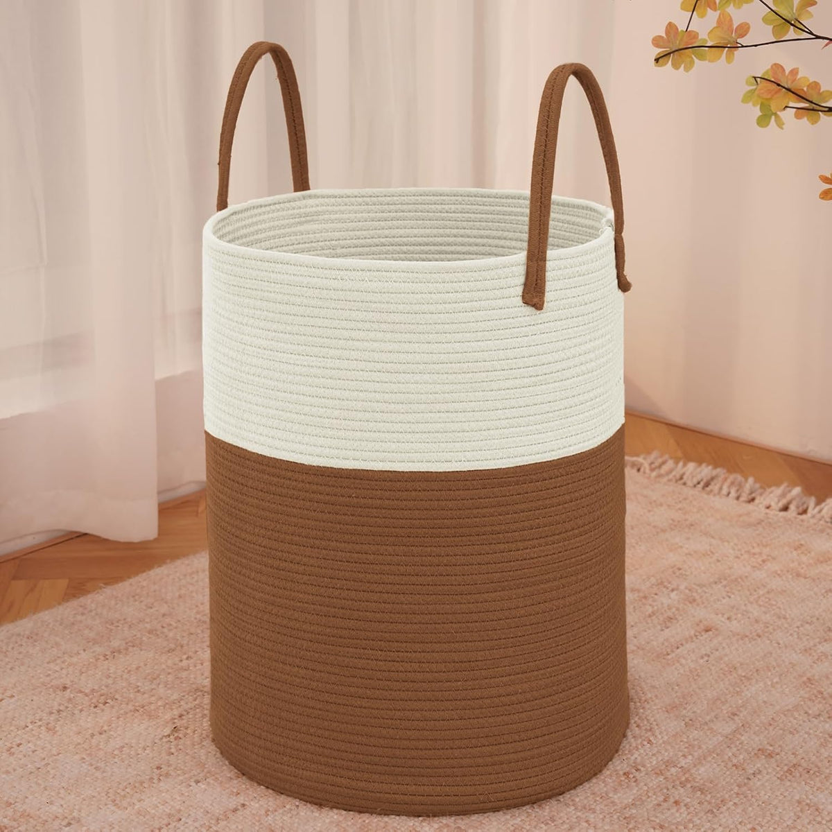 Large Woven Laundry Basket Hamper,60L Cotton Rope Storage Bin for Blankets,Toys and