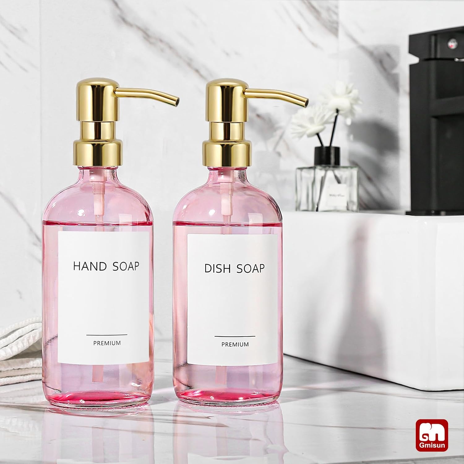 GMISUN Pink Soap Dispenser Bathroom, 2 Pack Kitchen Hand and Dish Soap Dispensers Set, 17 Fl Oz