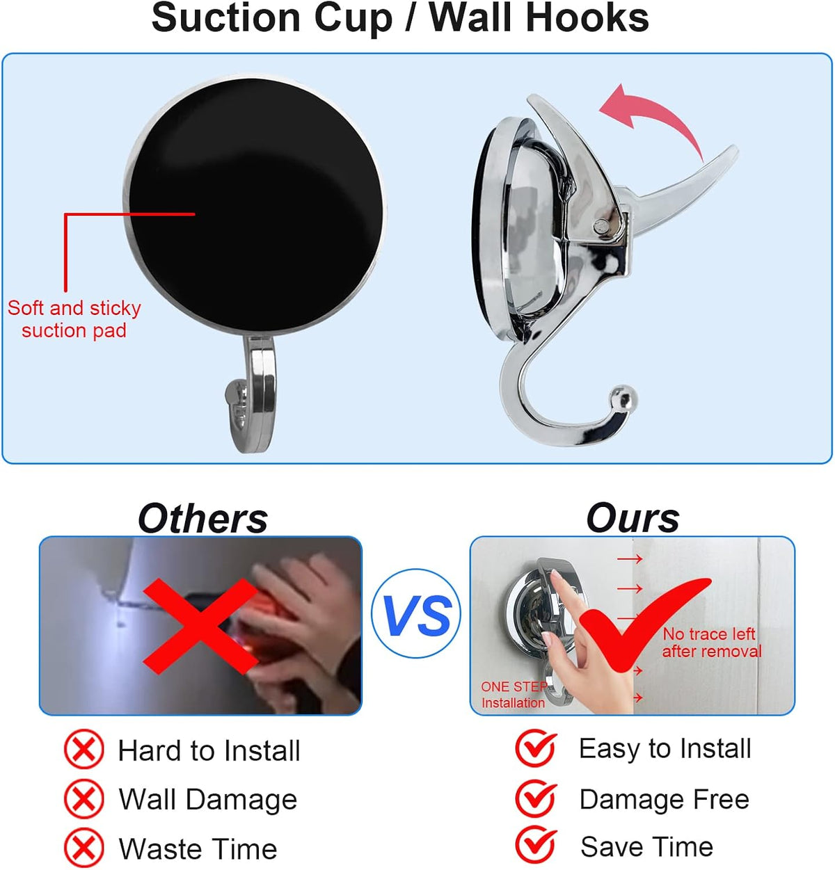 Heavy Duty Suction Cup Hooks for Shower, Bathroom Robe - Vacuum Glass Hooks, Reusable, No Hole