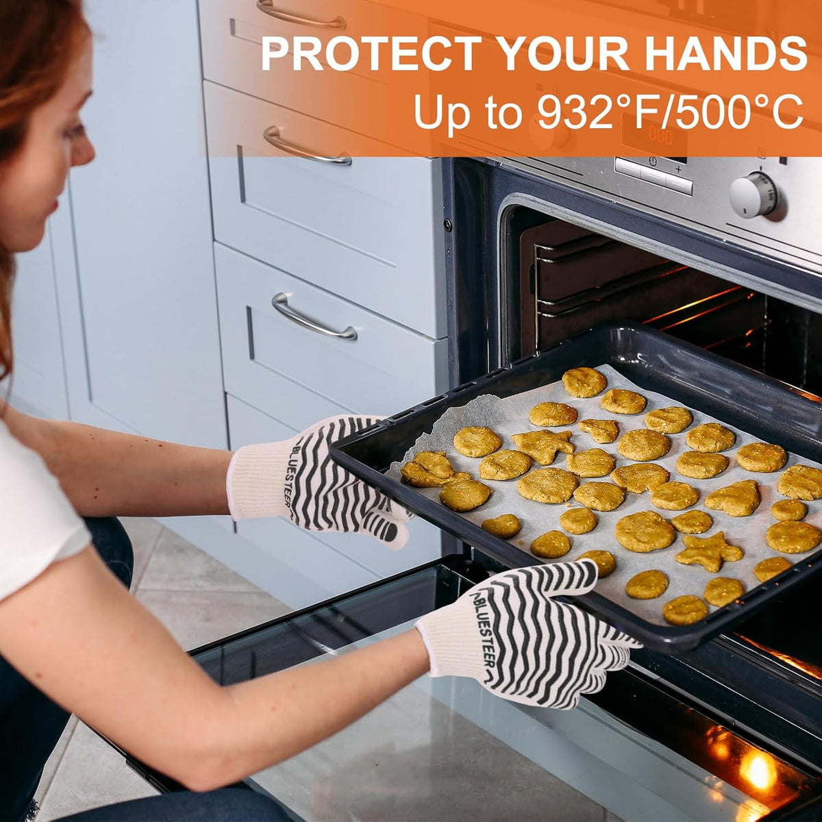 Oven Gloves 932°F Heat Resistant Oven Mitts with Fingers, Heat Proof BBQ Grill Gloves Silicone Grip