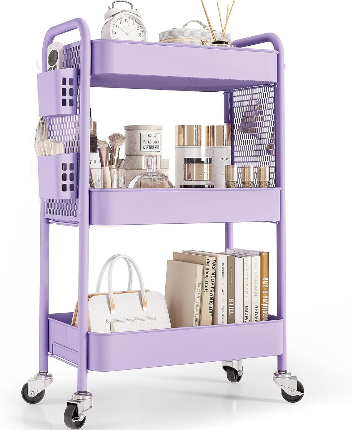 TOOLF 3 Tier Rolling Cart Storage Organizer, Metal Rolling Utility Cart with Wheels, Hooks & Bins