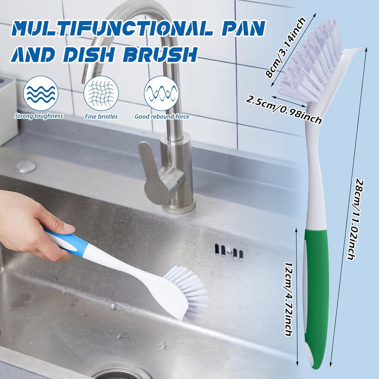 Hsei 6 Pcs Blue and Green Kitchen Scrub Dish Brush Bulk with 11 Inch Anti Slip Handle Cleaning Dish