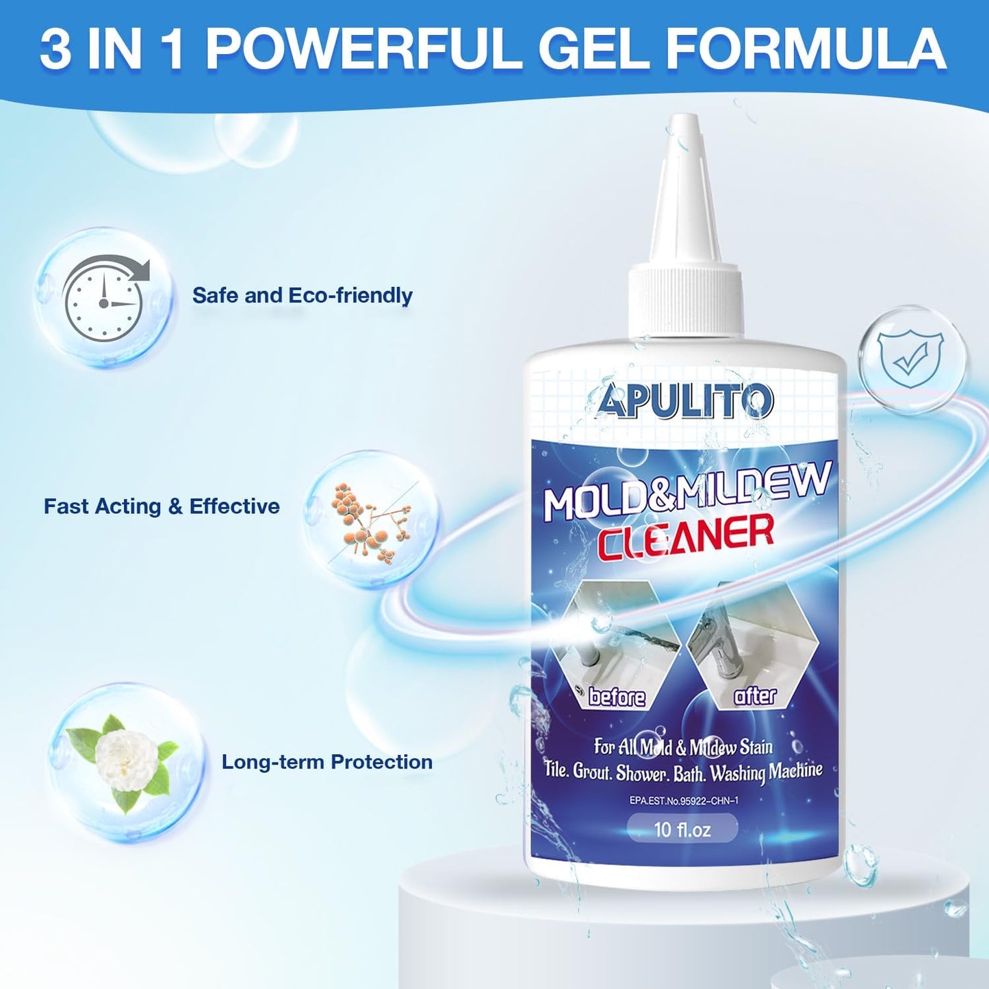 APULITO Household Cleaner Gel for Bathroom Shower Tile Tub Sink Cleaning Solution 10 Fl Oz (Pack of