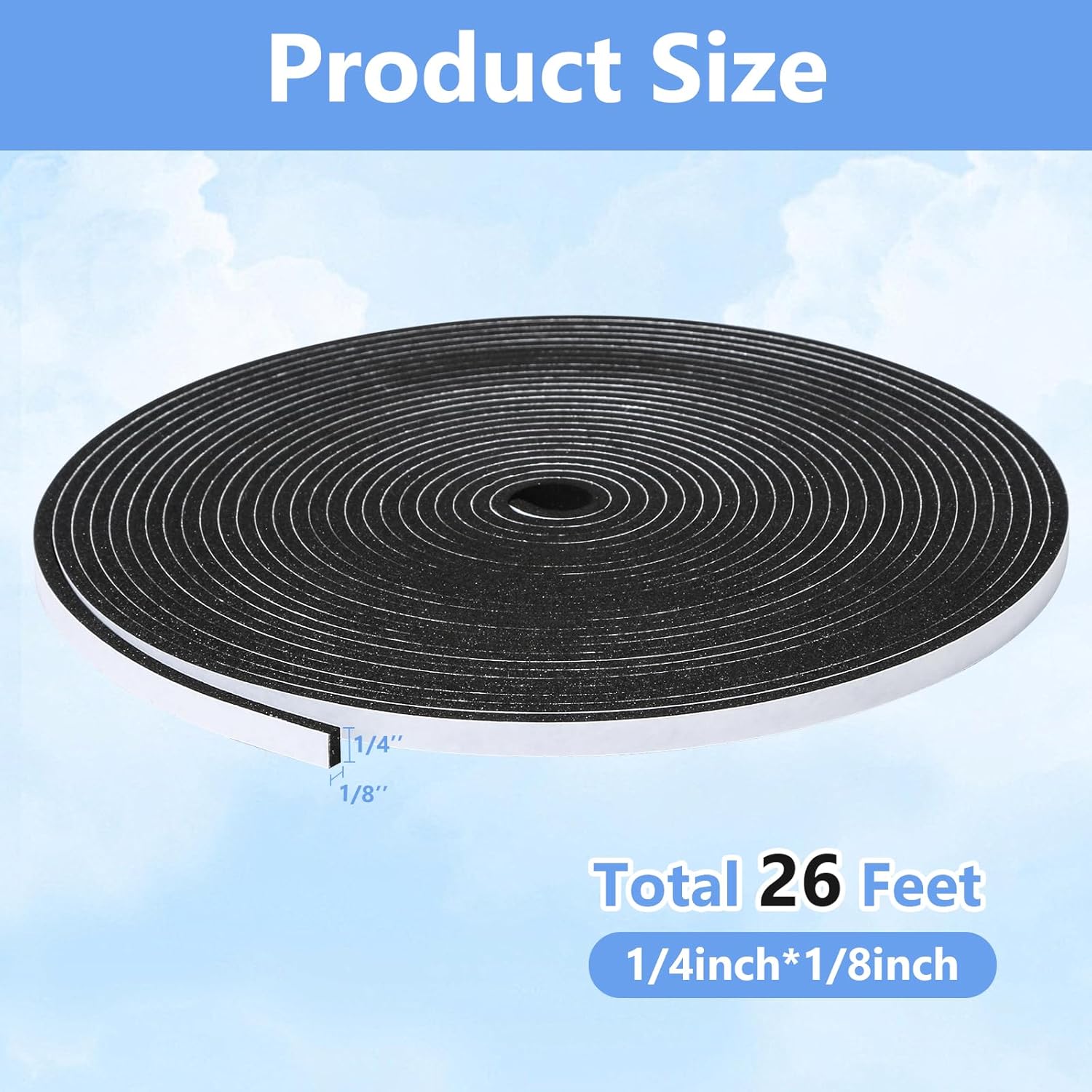 Weather Stripping Door Seal Strip- 1/4 Inch X 1/8 Inch X 26Feet, Strong Adhesive, Lightproof