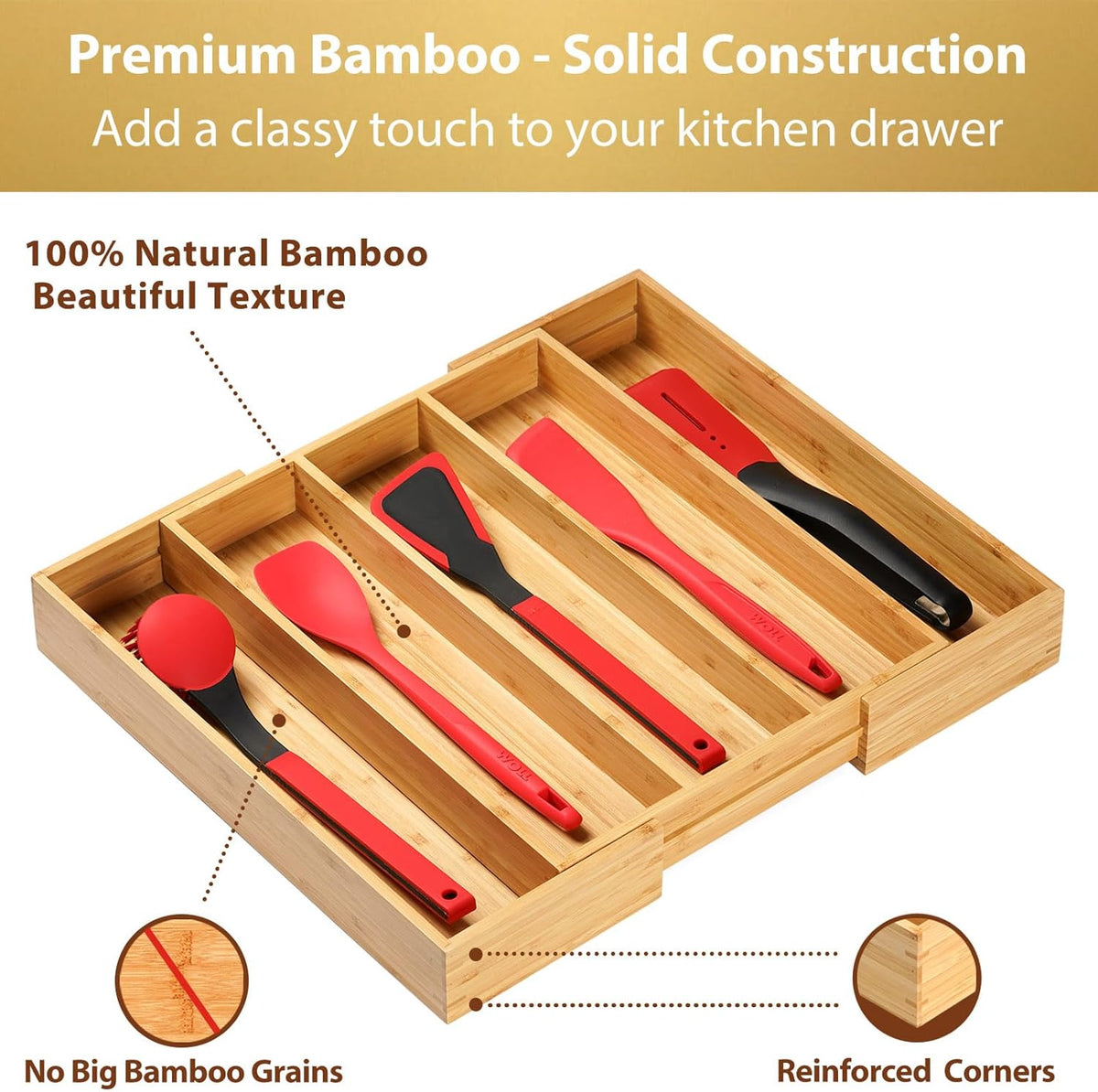 Umilife Expandable Kitchen Drawer Organizer, 2.5" High Bamboo Utensils Silverware Tray, Adjustable
