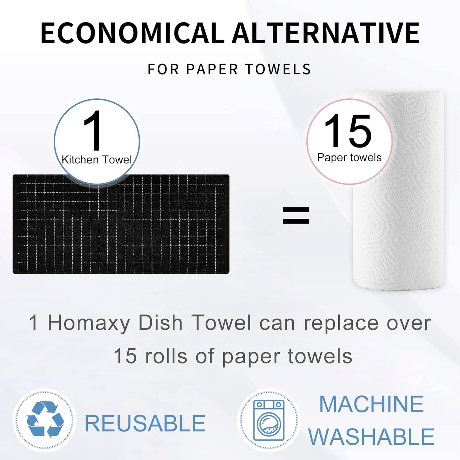 Homaxy 100% Cotton Terry Kitchen Towels(Black, 13 x 28 inches), Checkered Designed, Soft and Super