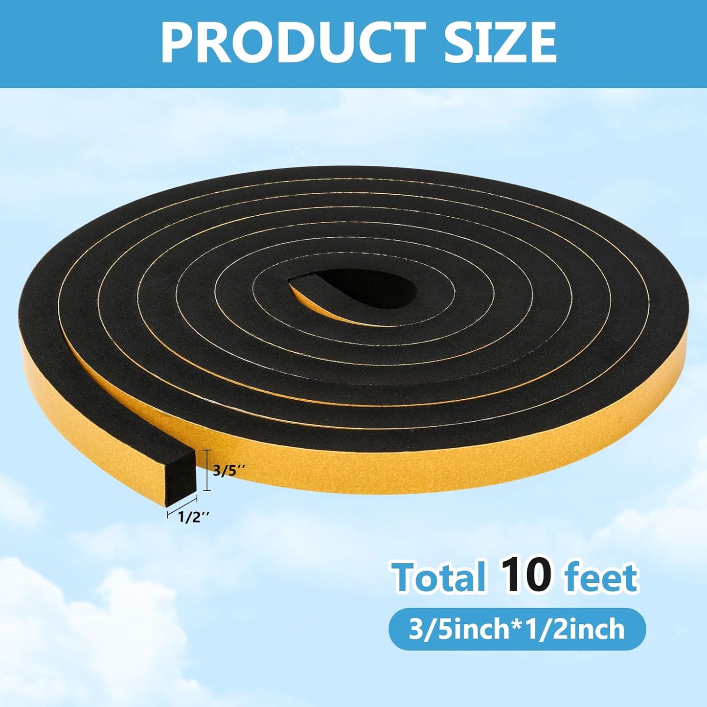 Black Weather Stripping Door Seal Strip (3/5 Inch X 1/2 Inch X 10Feet), Strong Adhesive