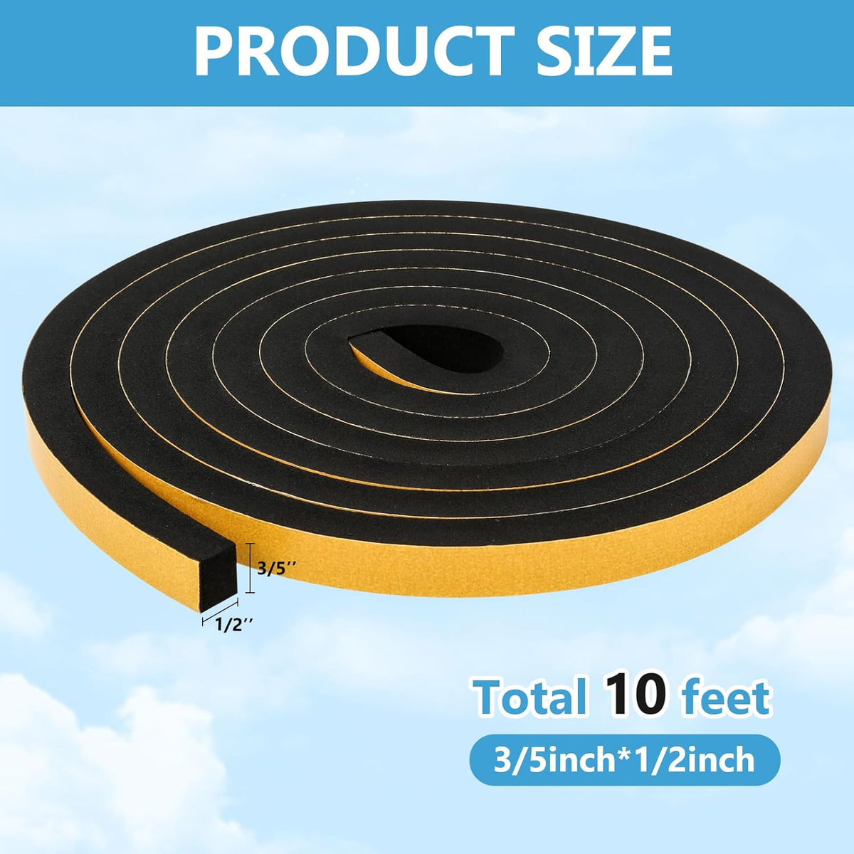Black Weather Stripping Door Seal Strip (3/5 Inch X 1/2 Inch X 10Feet), Strong Adhesive