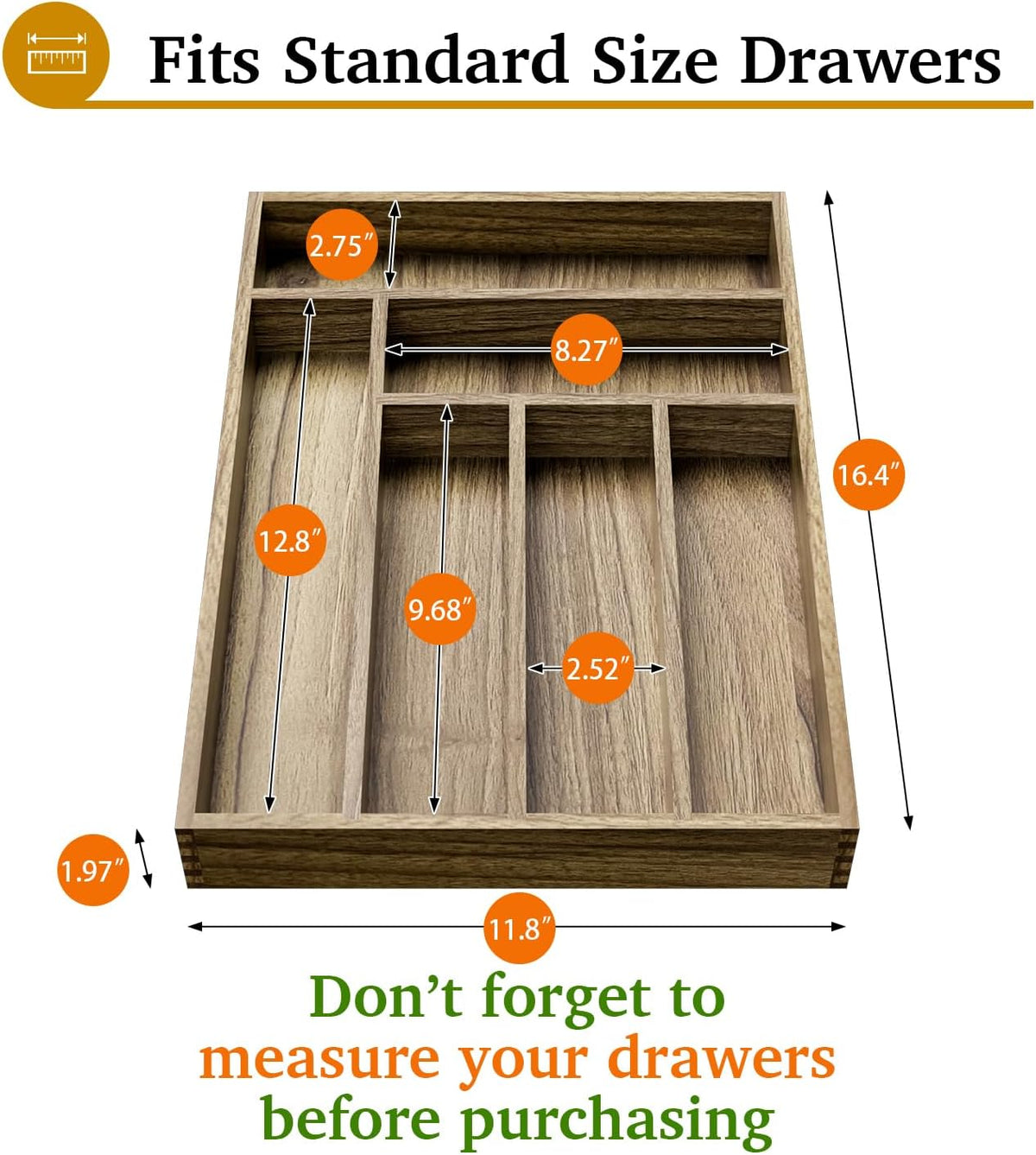Acacia Wood Silverware Drawer Organizer, Kitchen Utensil Cutlery Drawer Organizer with Dividers