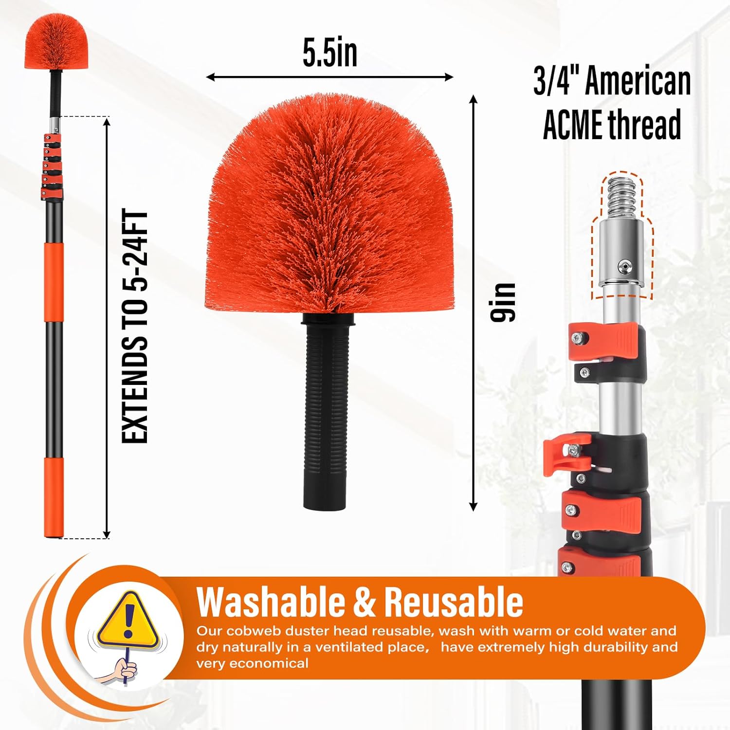 30FT Reach Cobweb Duster with Extension Pole,Spider Web Brush for Cleaning with 5-24FT Telescoping