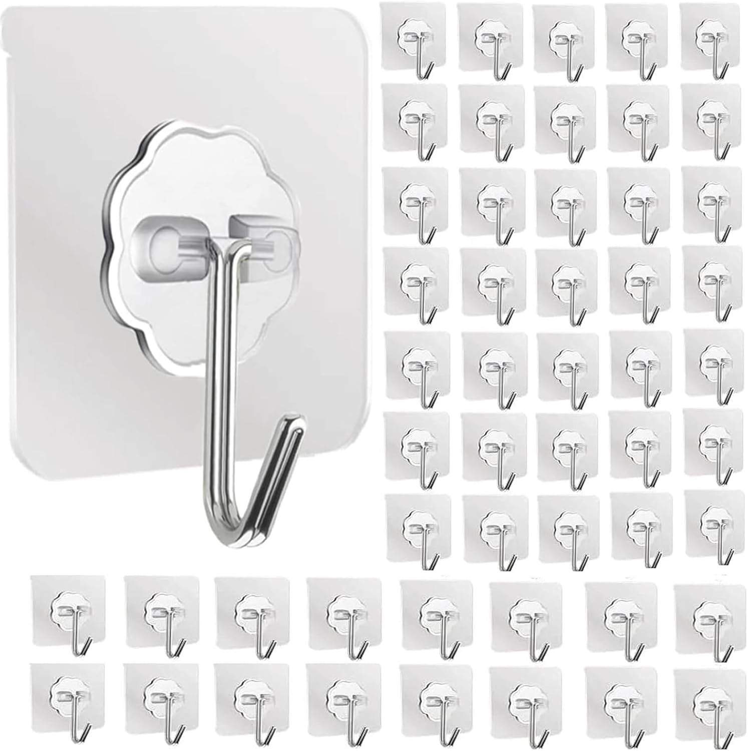DDMY Hooks for Hanging, 50 Pack Wall Hooks 50lb(Max) Transparent Reusable Waterproof Adhesive Hook
