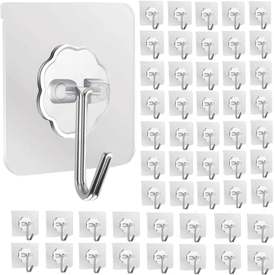 DDMY Hooks for Hanging, 50 Pack Wall Hooks 50lb(Max) Transparent Reusable Waterproof Adhesive Hook
