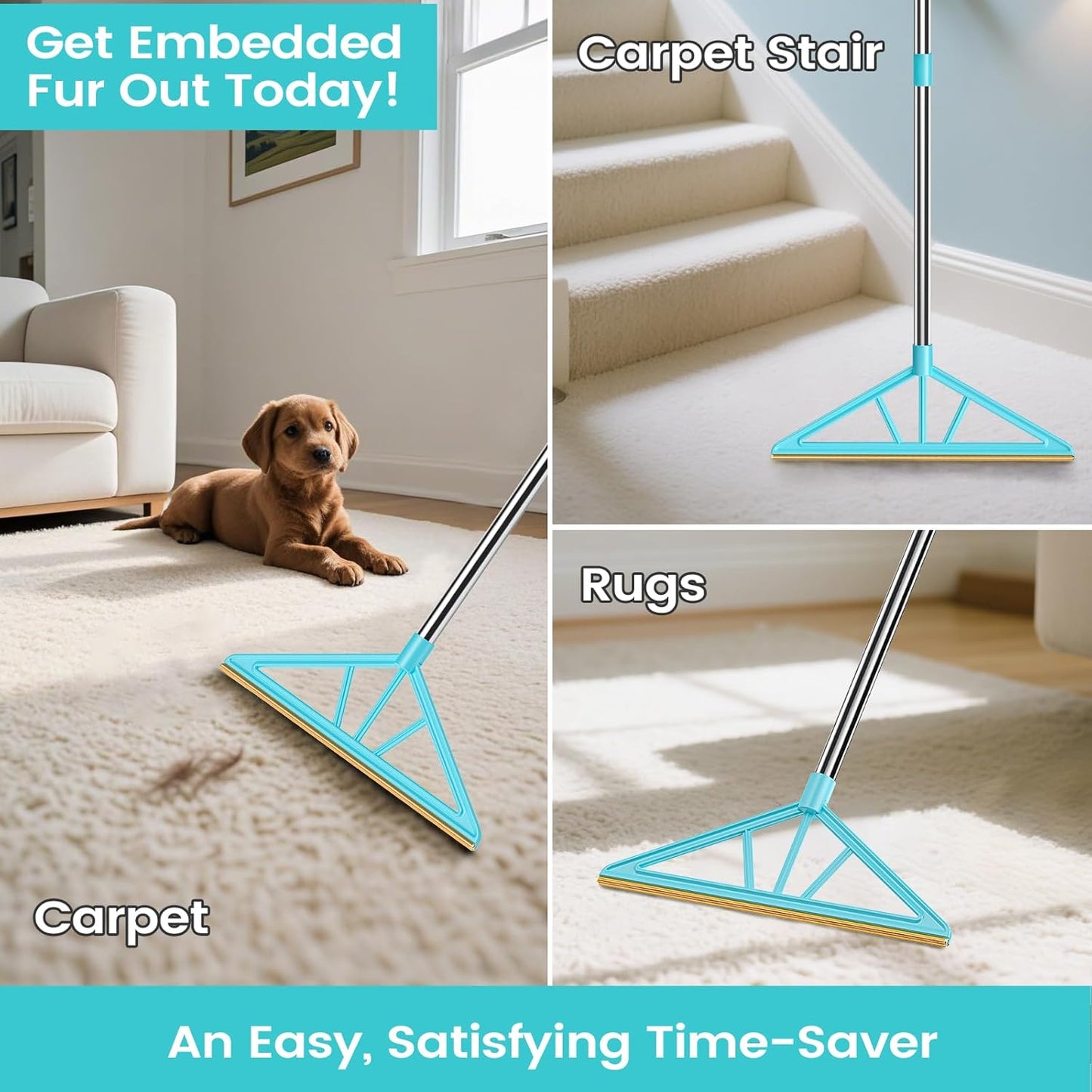 Carpet Rake for Pet Hair Removal,Reusable Pet Hair Remover, 55”Adjustable Long Handle Carpet Rake