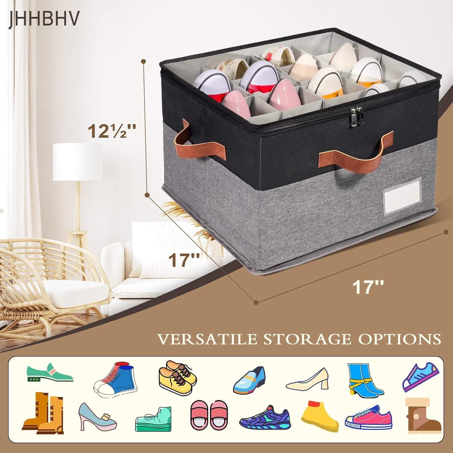 2 Pack Shoe Organizer for Closet, Adjustable Shoe Box Storage Containers, Large Foldable Shoe Bins