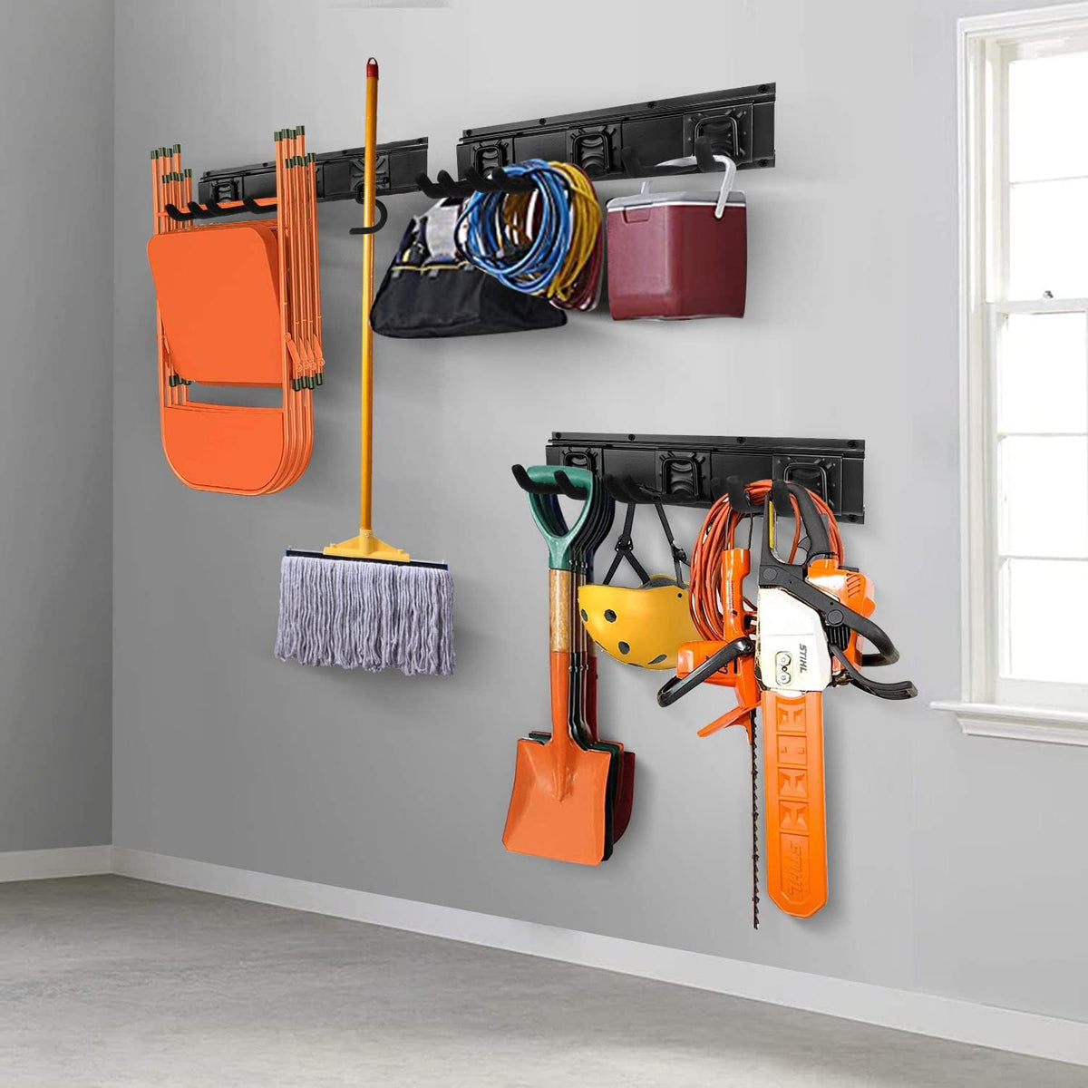 Garden Tool Rack Set, Garage Wall Organization Hanger with 3 Mop Holder and 6 Multi-Purpose Hooks