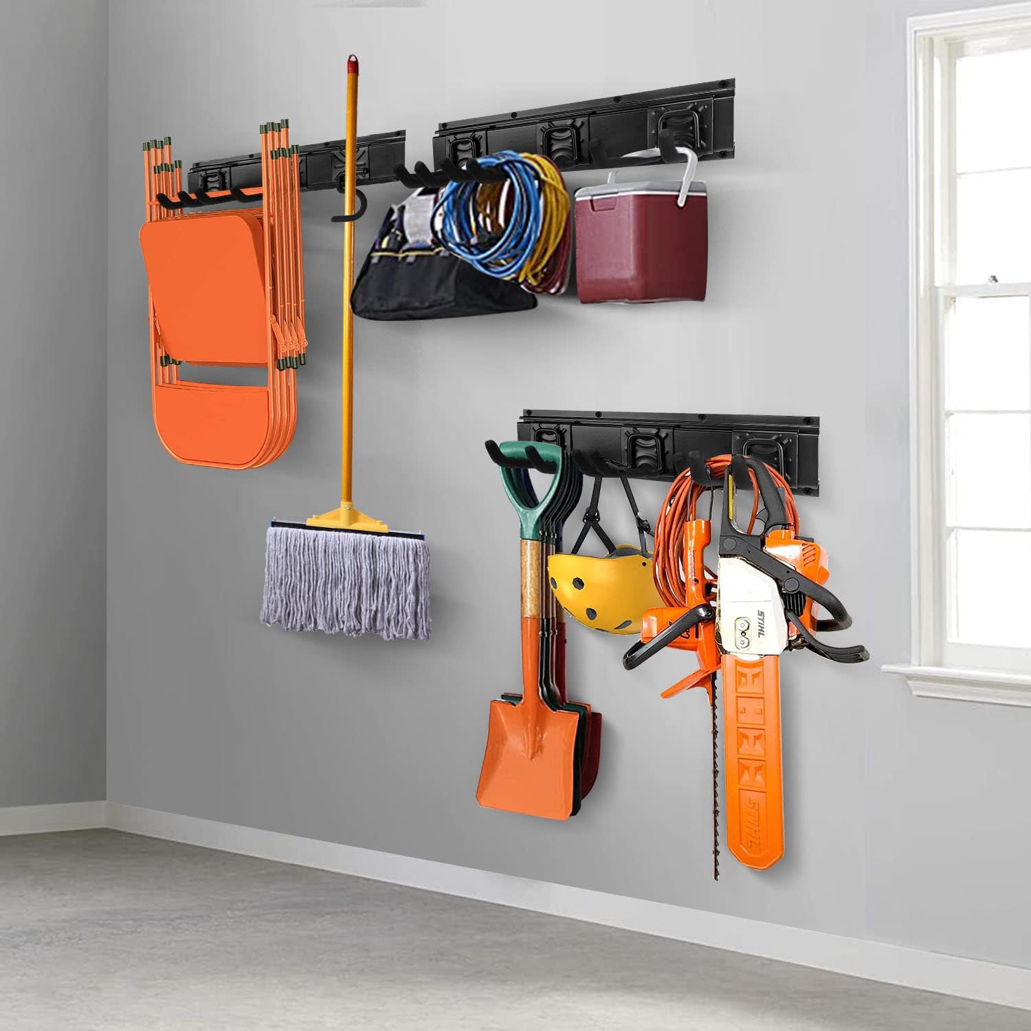 Garden Tool Rack Set, Garage Wall Organization Hanger with 3 Mop Holder and 6 Multi-Purpose Hooks