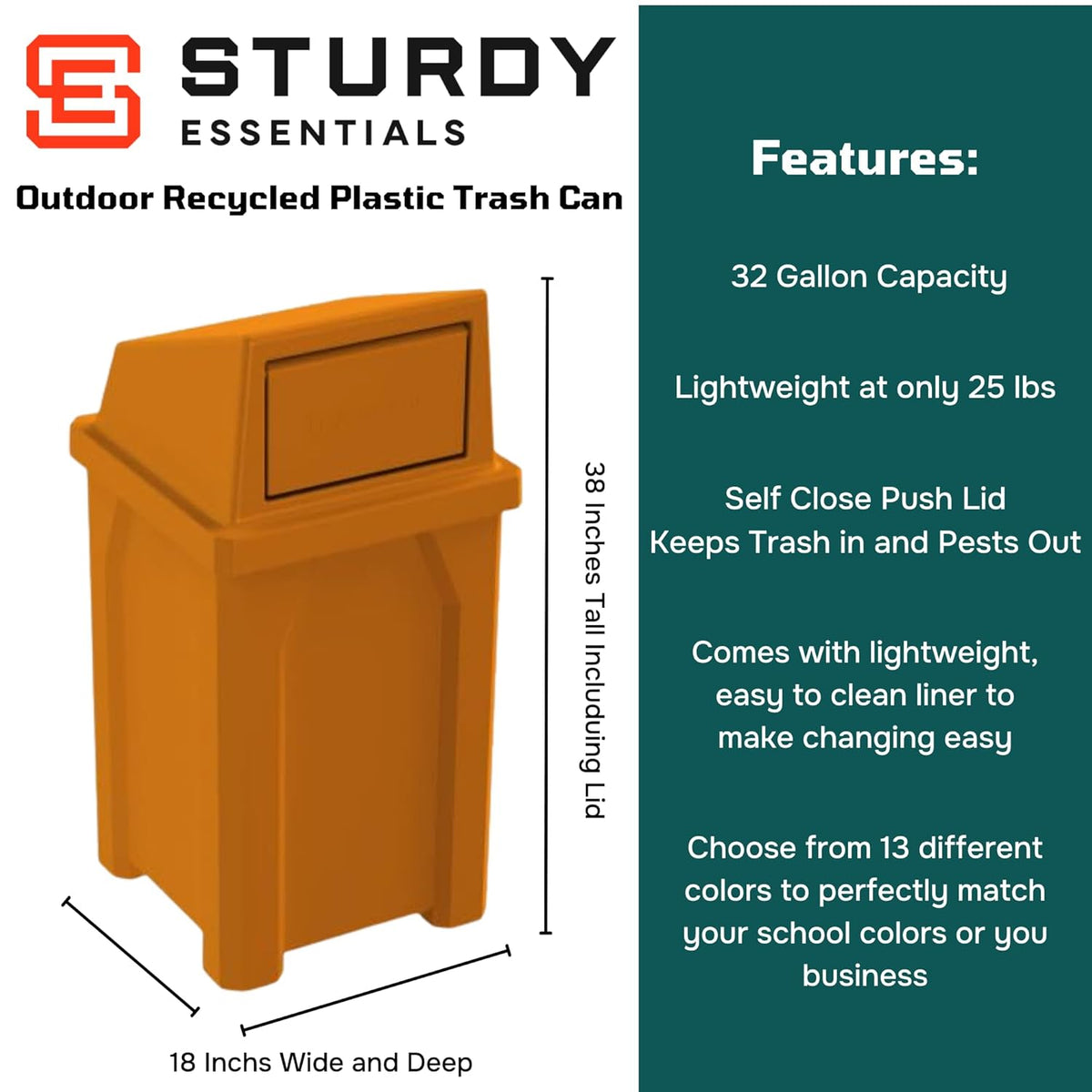 32 Gallon Square 100% Recycled Plastic Heavy Duty Outdoor Trash Can with Push Lid - Great for