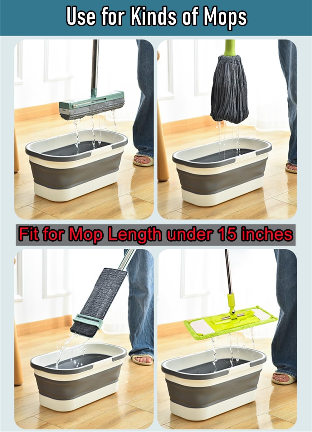 Collapsible Mop Bucket Basin Tub with Handle and Wheels, 12L (3.2 Gallon) Foldable Small Plastic