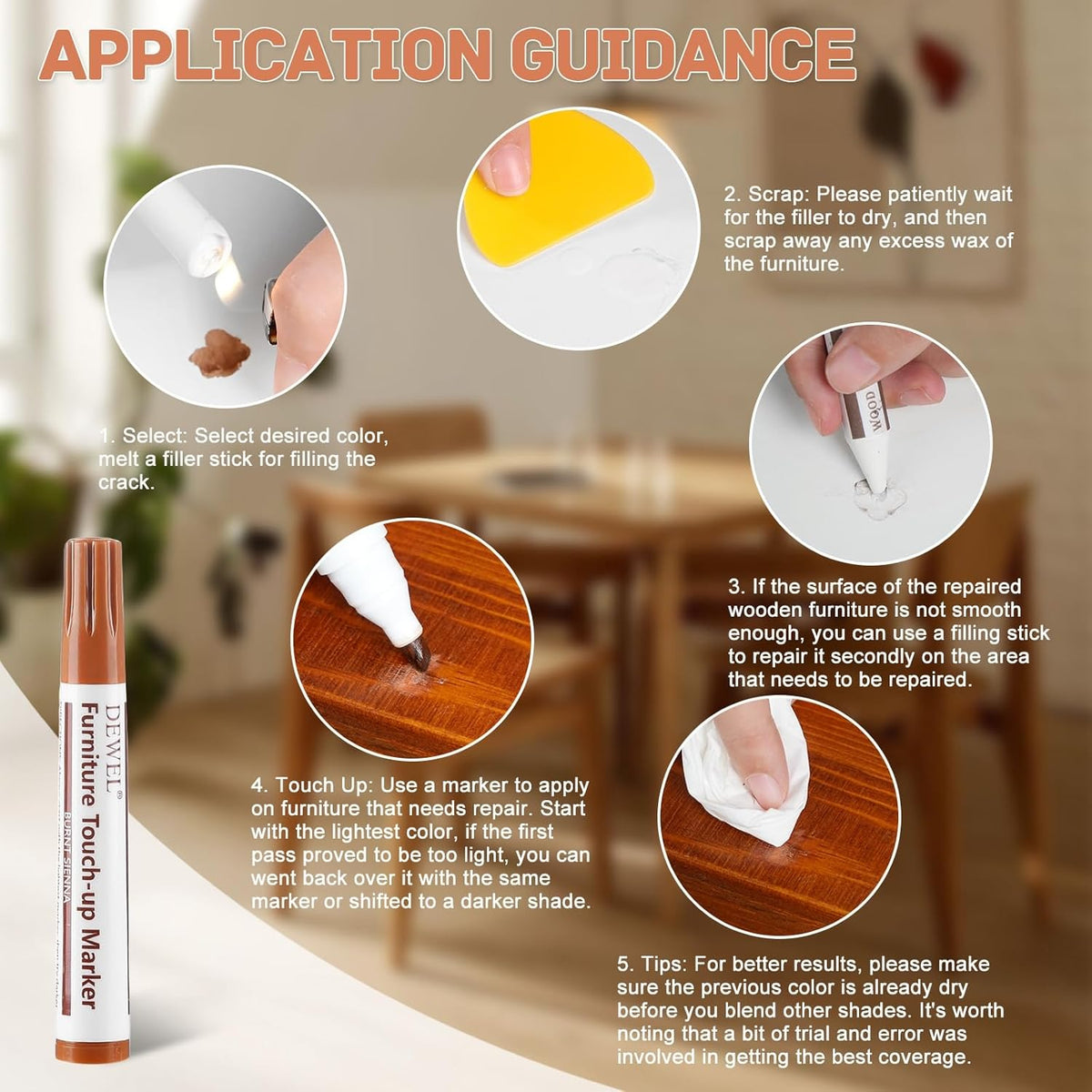 DEWEL Wood Furniture Markers & Filler Sticks Repair Kit, New Improved 18 Colors Touch Up Markers