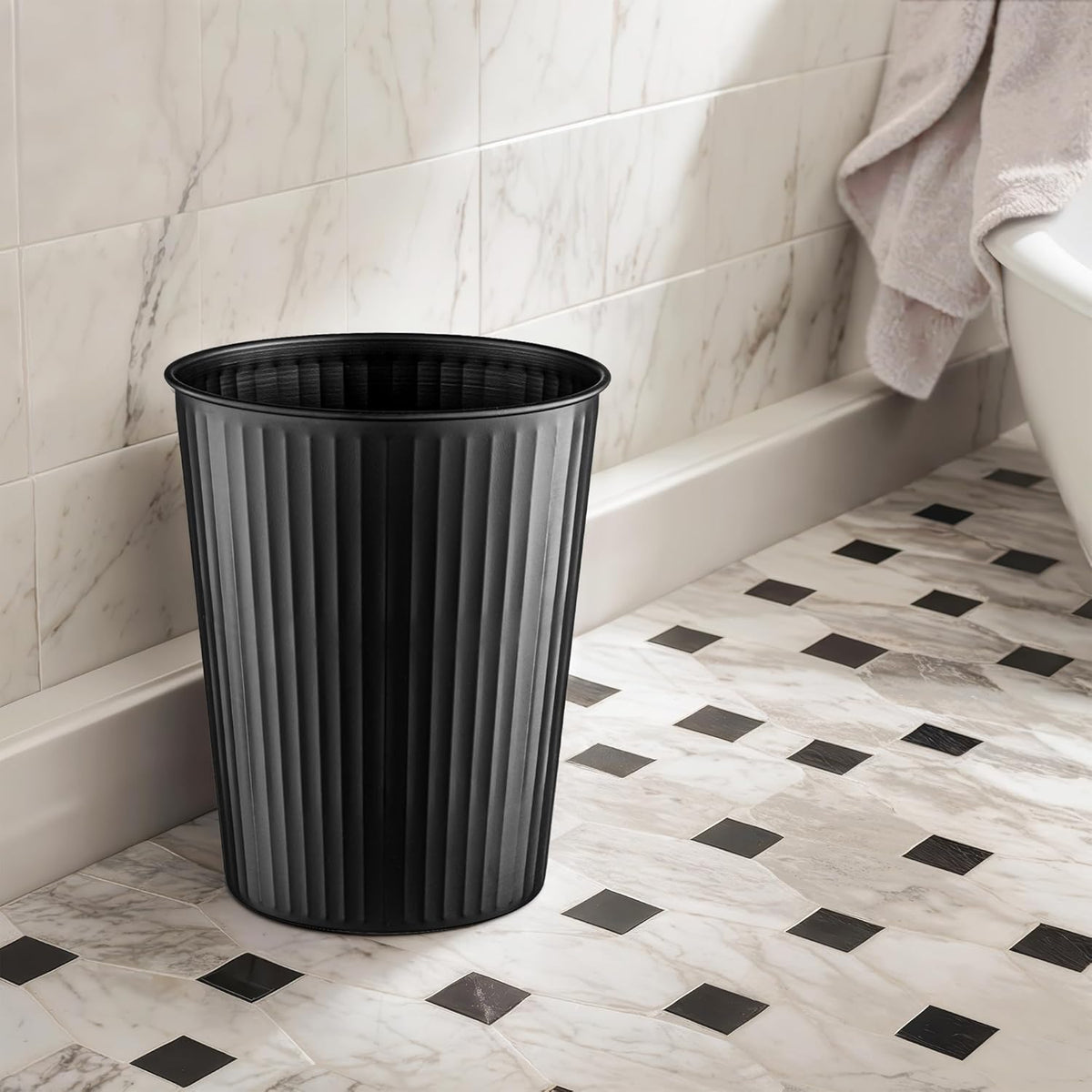 Monarch Abode Black Handcrafted Ridge Embossed Metal Wastebasket for Home Office, Decorative Waste