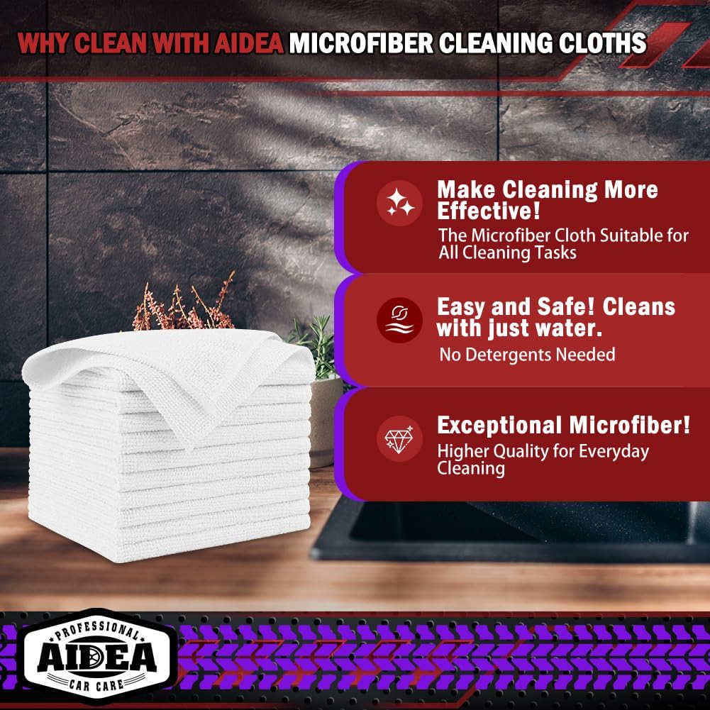 AIDEA Microfiber Cleaning Cloth White 10PK, Microfiber Towels for Cars, Premium Car Cloths, Dusting