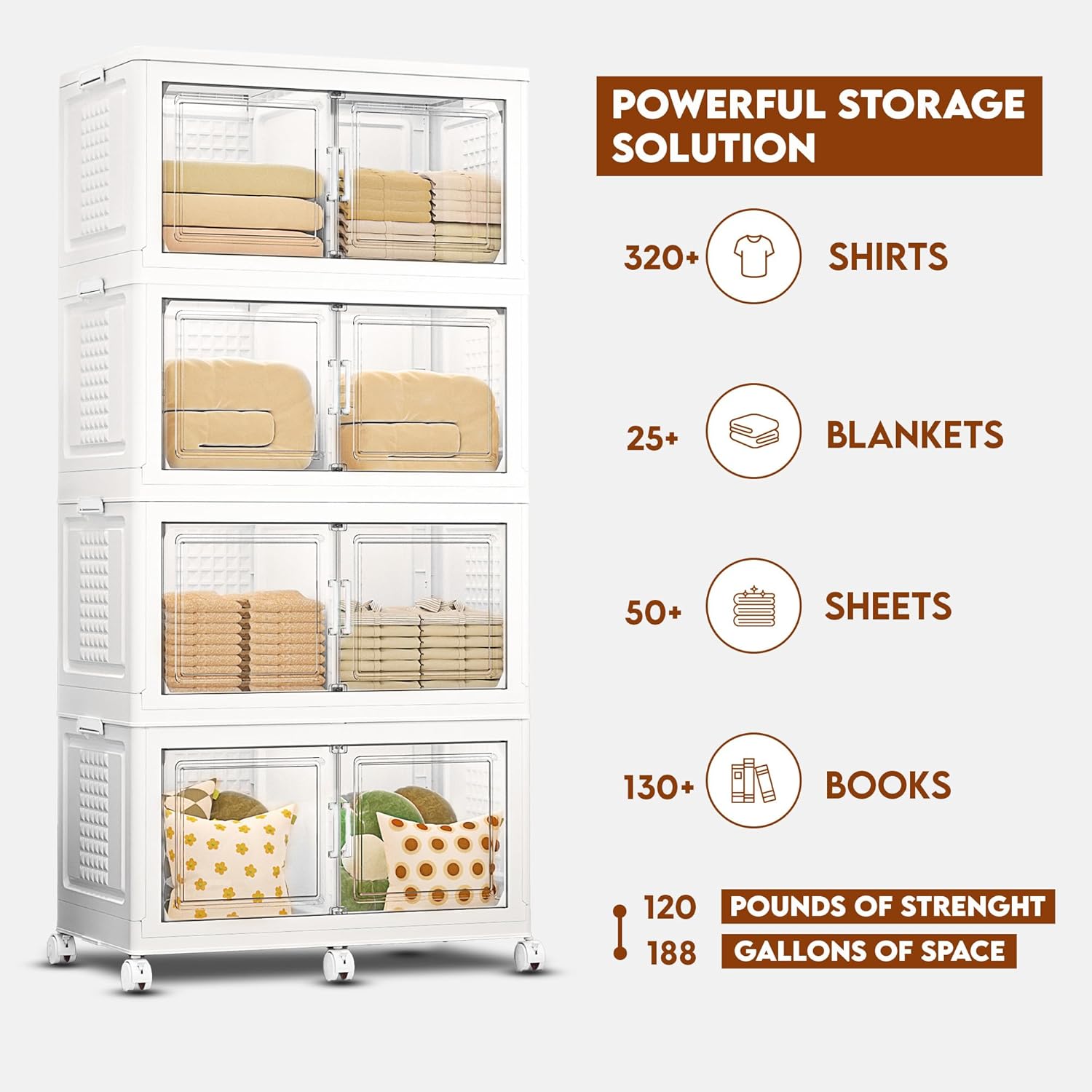 752QT/188Gal 4 Stackable Storage Bins with Lid and 8 doors, Motion Sensor Lights in Cabinets, Large