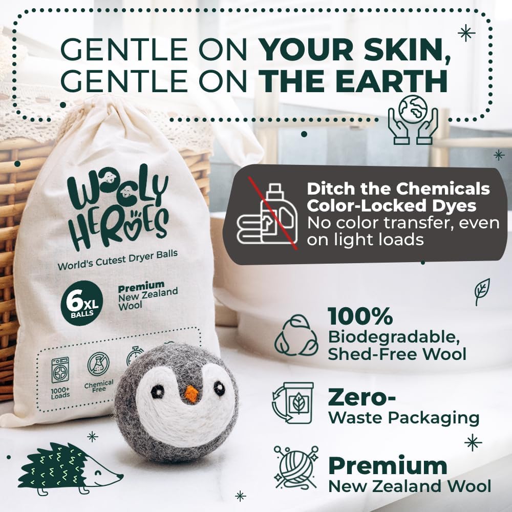No More Dryer Sheets! Reusable Wool Dryer Balls XL 6-Pack - Reduces Static, Cuts Dry Time, &