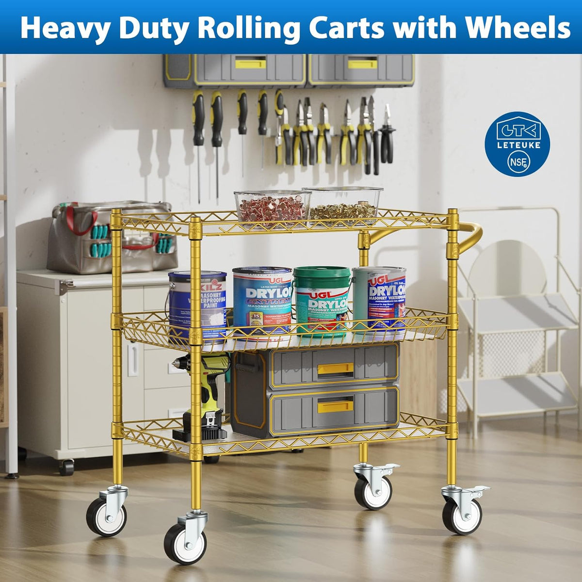 Leteuke 3 Tier Rolling Carts with Wheels,Heavy Duty Utility Bar Cart,NSF Commercial Grade Metal