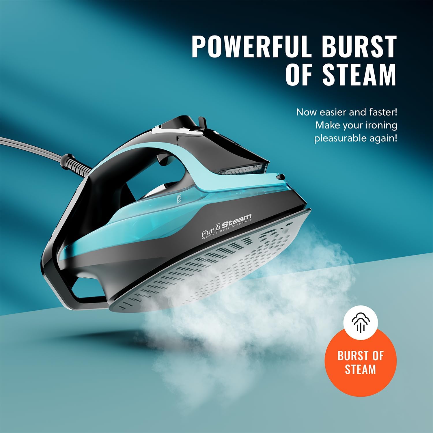 PurSteam SteamTech Elite 1750W Steam Iron, Digital Temp Control & LED Display, Ceramic Soleplate