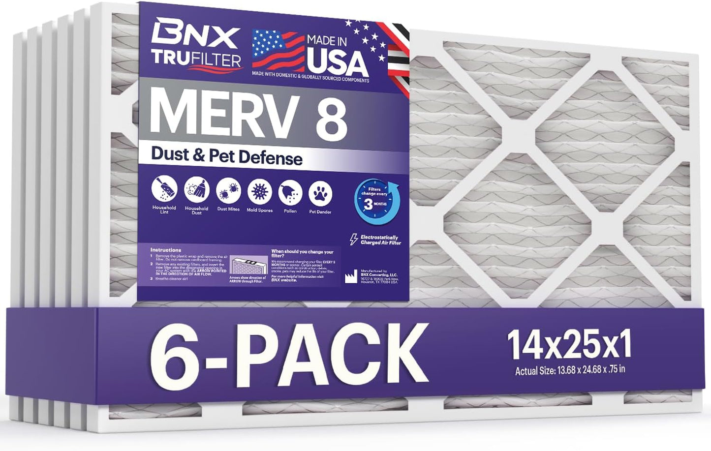 BNX TruFilter 14x25x1 Air Filter MERV 8 (6 Pack) - MADE IN USA – Dust & Pet Defense Electrostatic