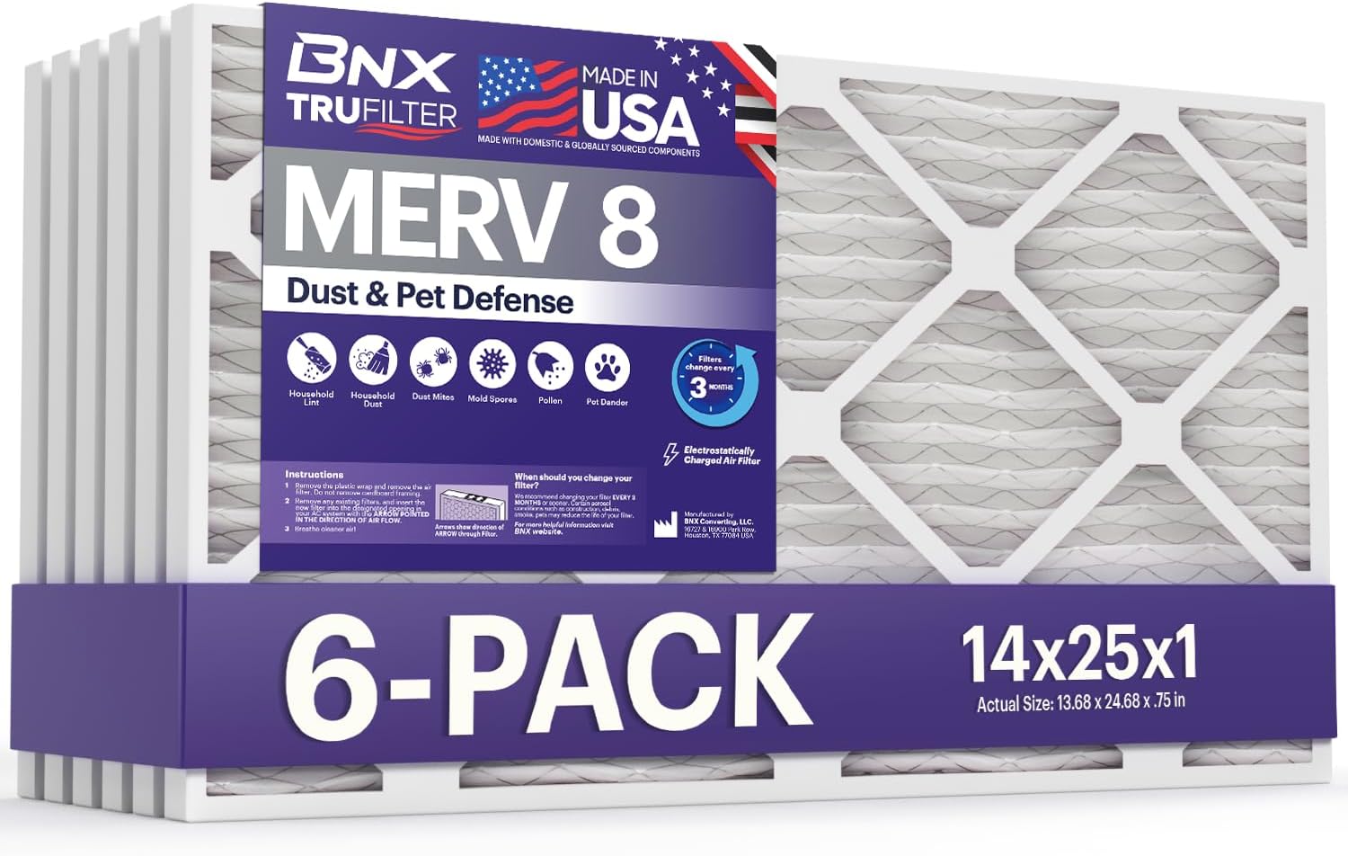 BNX TruFilter 14x25x1 Air Filter MERV 8 (6 Pack) - MADE IN USA – Dust & Pet Defense Electrostatic