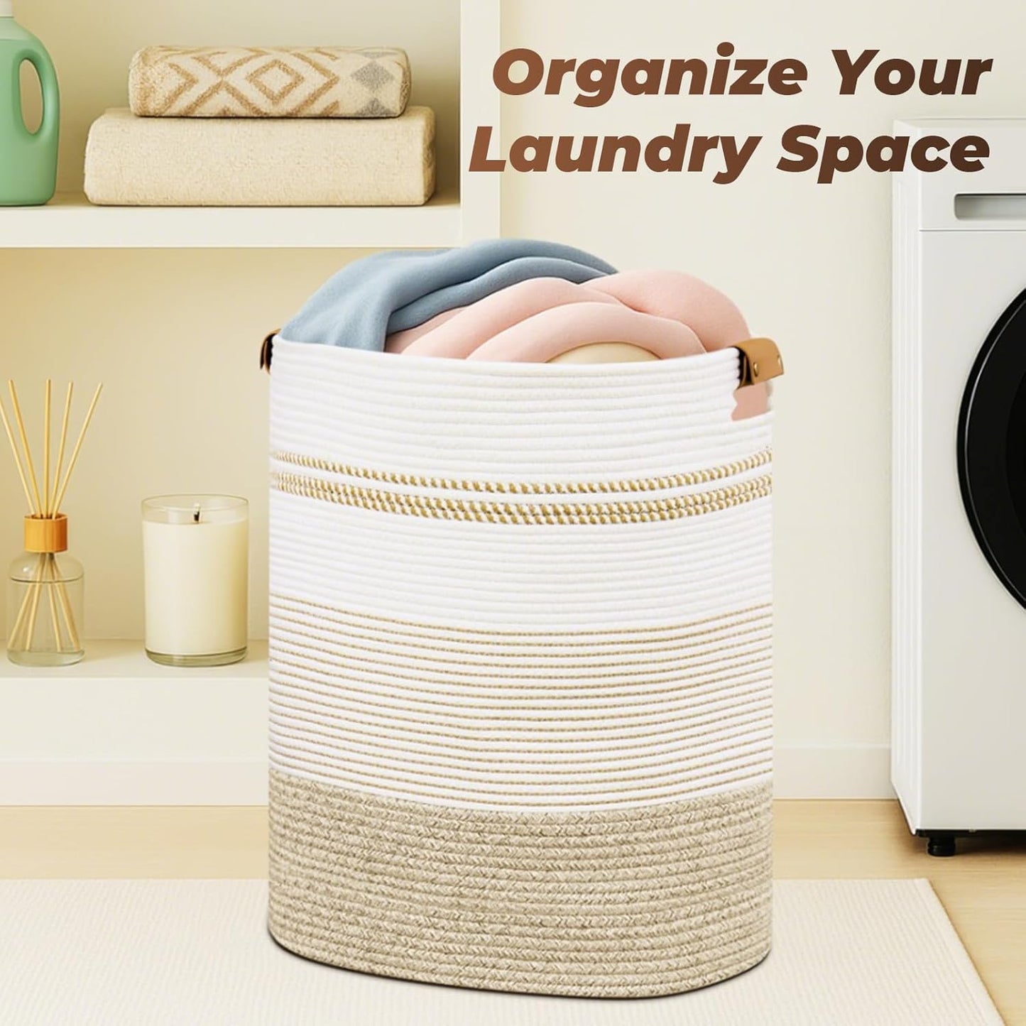 Laundry Basket with Handles - Blanket Basket & Hampers for Bedroom Aesthetic, Laundry Hamper &