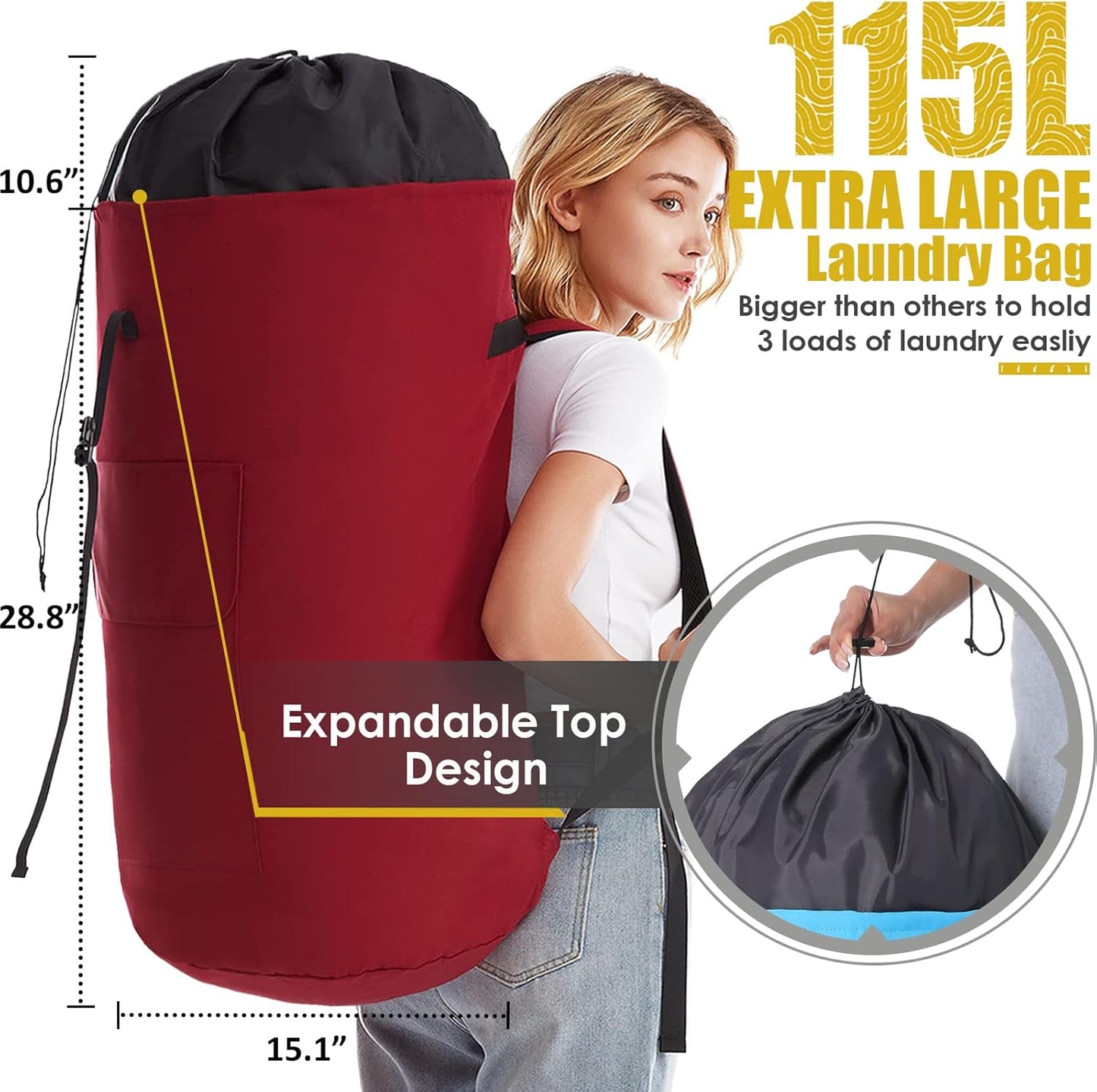 Extra Large Laundry Bag 115L, College Dorm Room essentials, Laundry Backpack Bag for College, Red