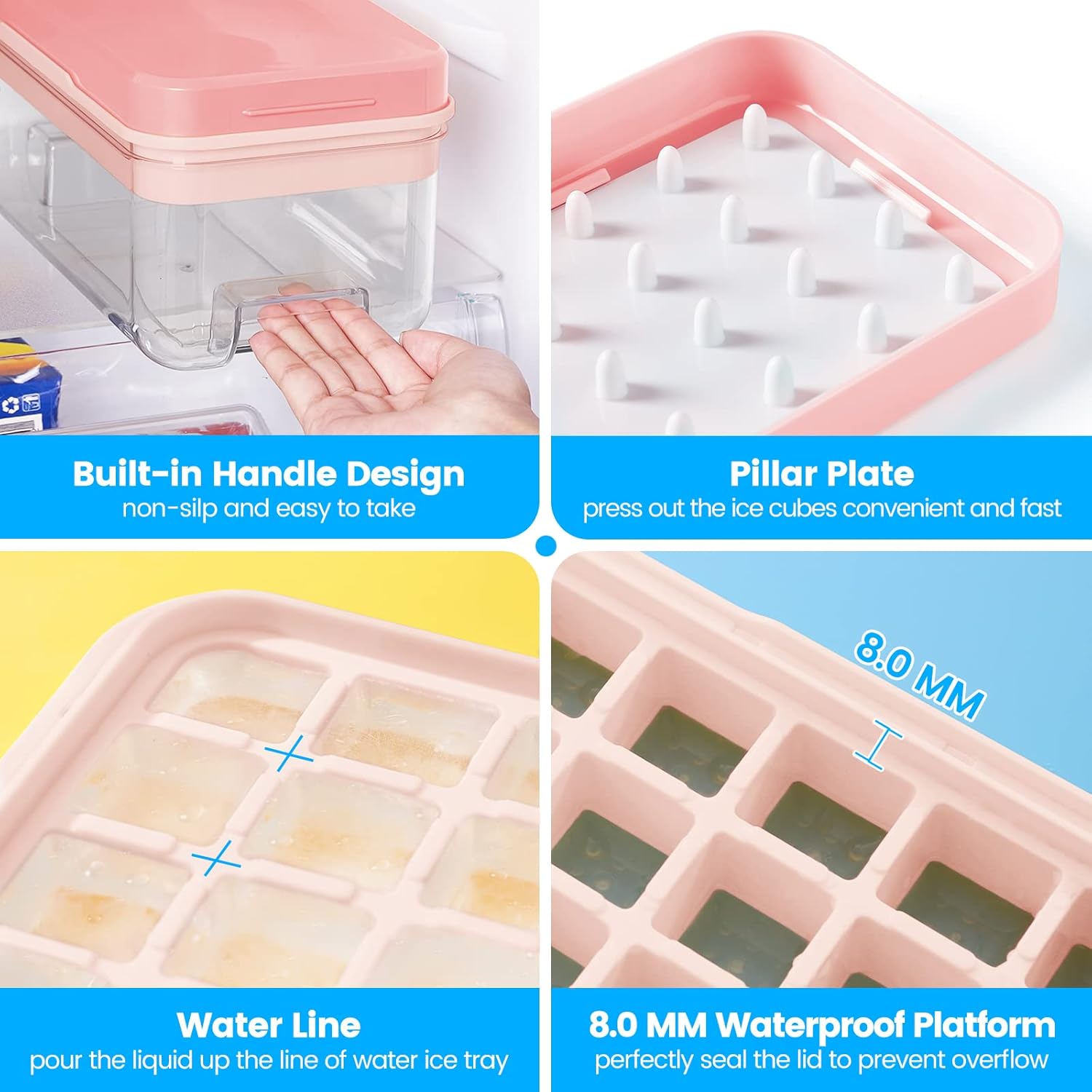 PHINOX Ice Cube Tray with Lid and Bin, Ice Trays for Freezer, Flexible Ice Cube Trays, Making 64