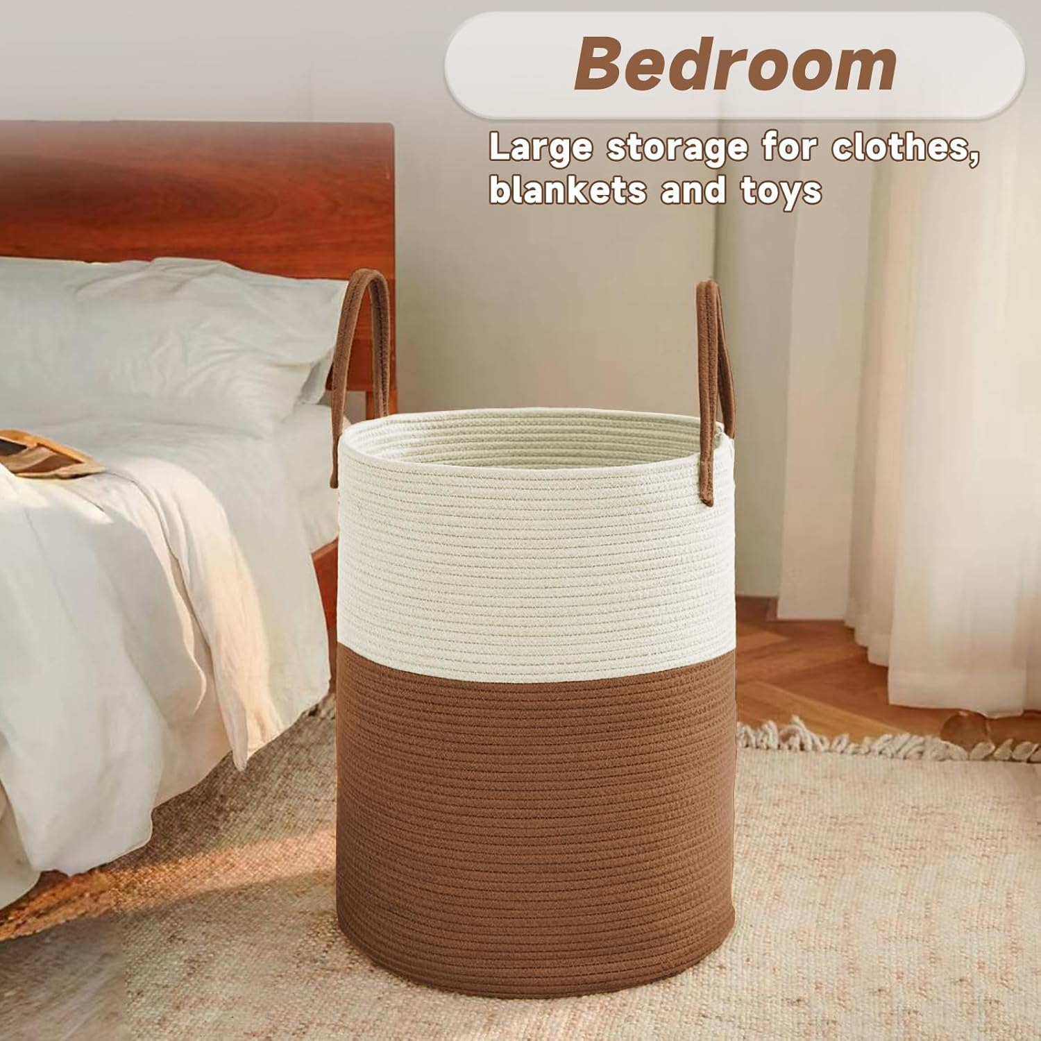 Large Woven Laundry Basket Hamper,80L Cotton Rope Storage Bin for Blankets,Toys and