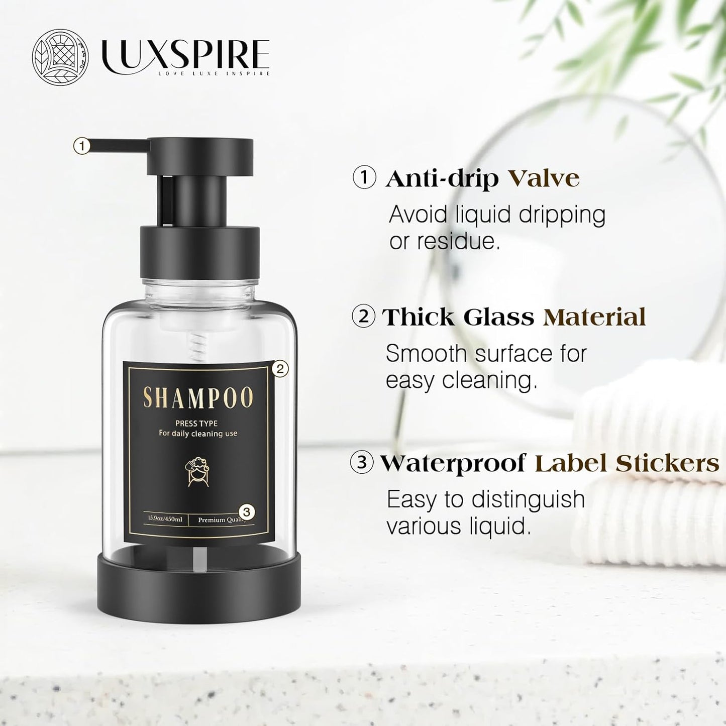 Luxspire Foaming Soap Dispenser, Glass Foam Pump Soap Dispenser, Non-Slip Hand Soap Dispenser with