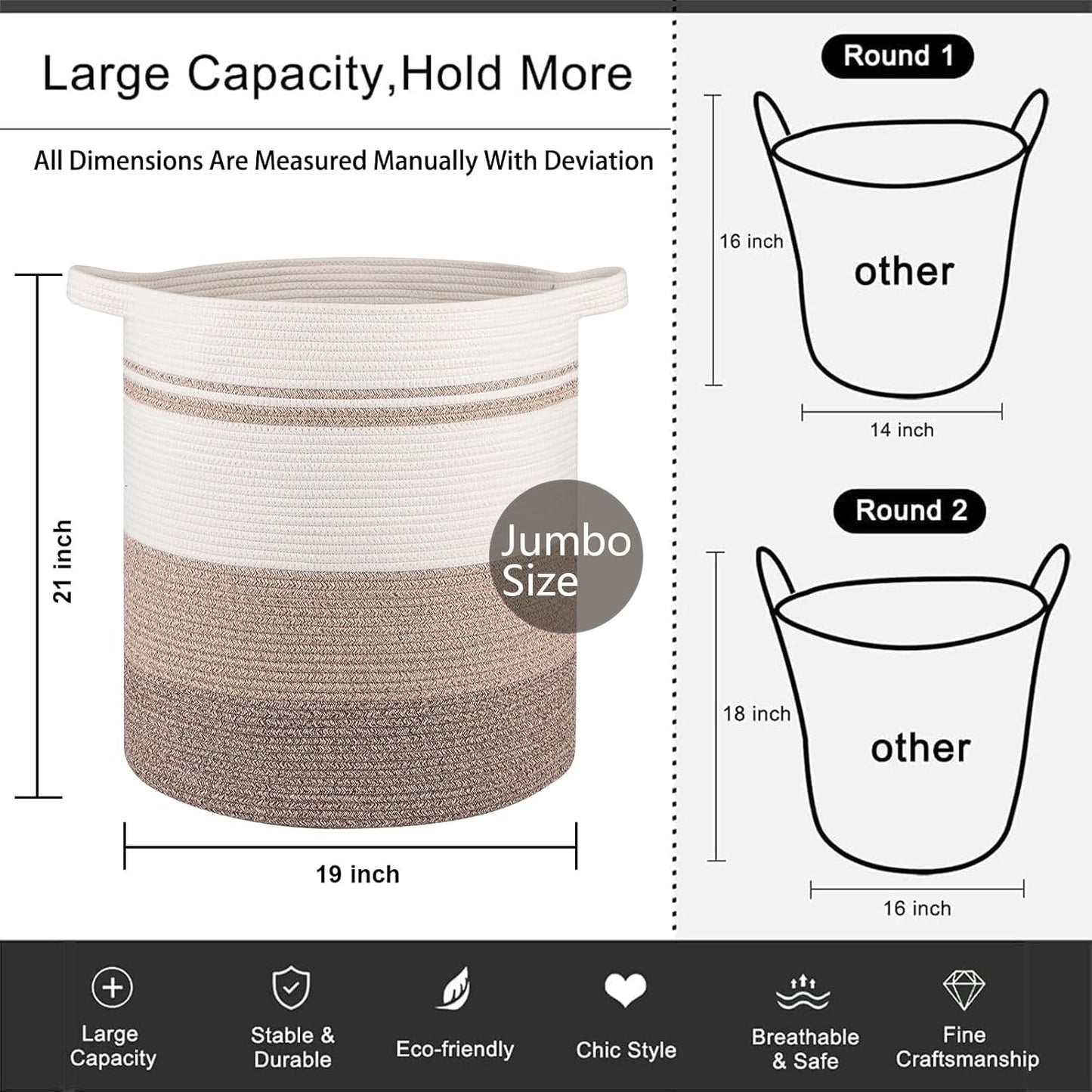 OIAHOMY 100L Laundry Hamper - Storage Basket with Handles, Decorative Woven Basket for Living Room