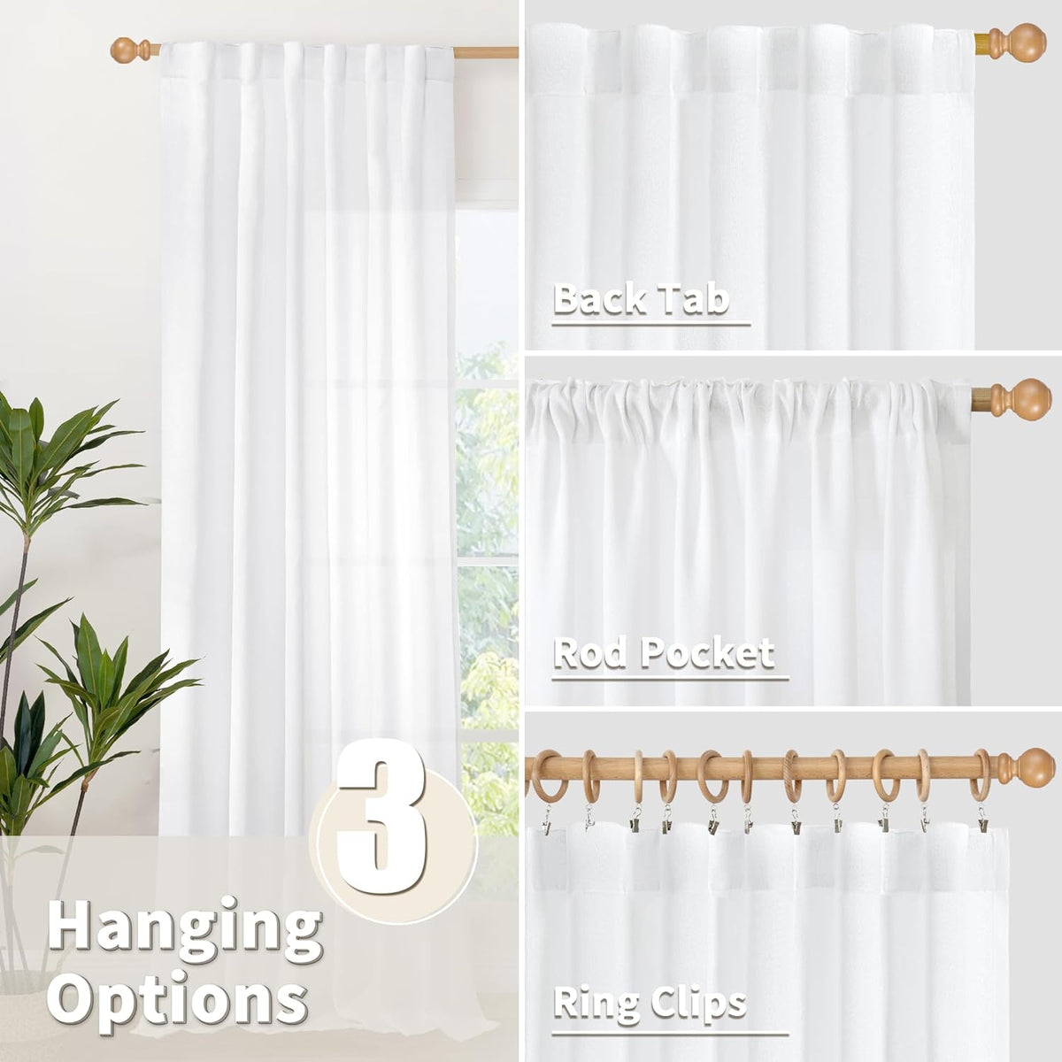 YoungsTex 84 Inch Length White Linen Curtains for Living Room, Semi Sheer Drapes with Rod Pocket