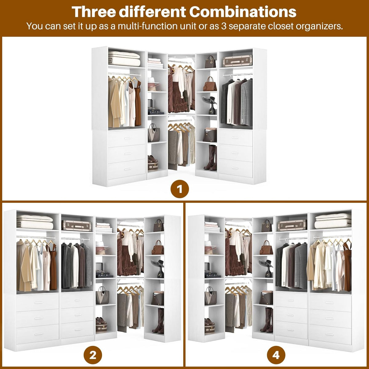 Corner Closet System with 6 Drawers, Closet Organizer System with 14 Shelves & 4 Hanging Rods