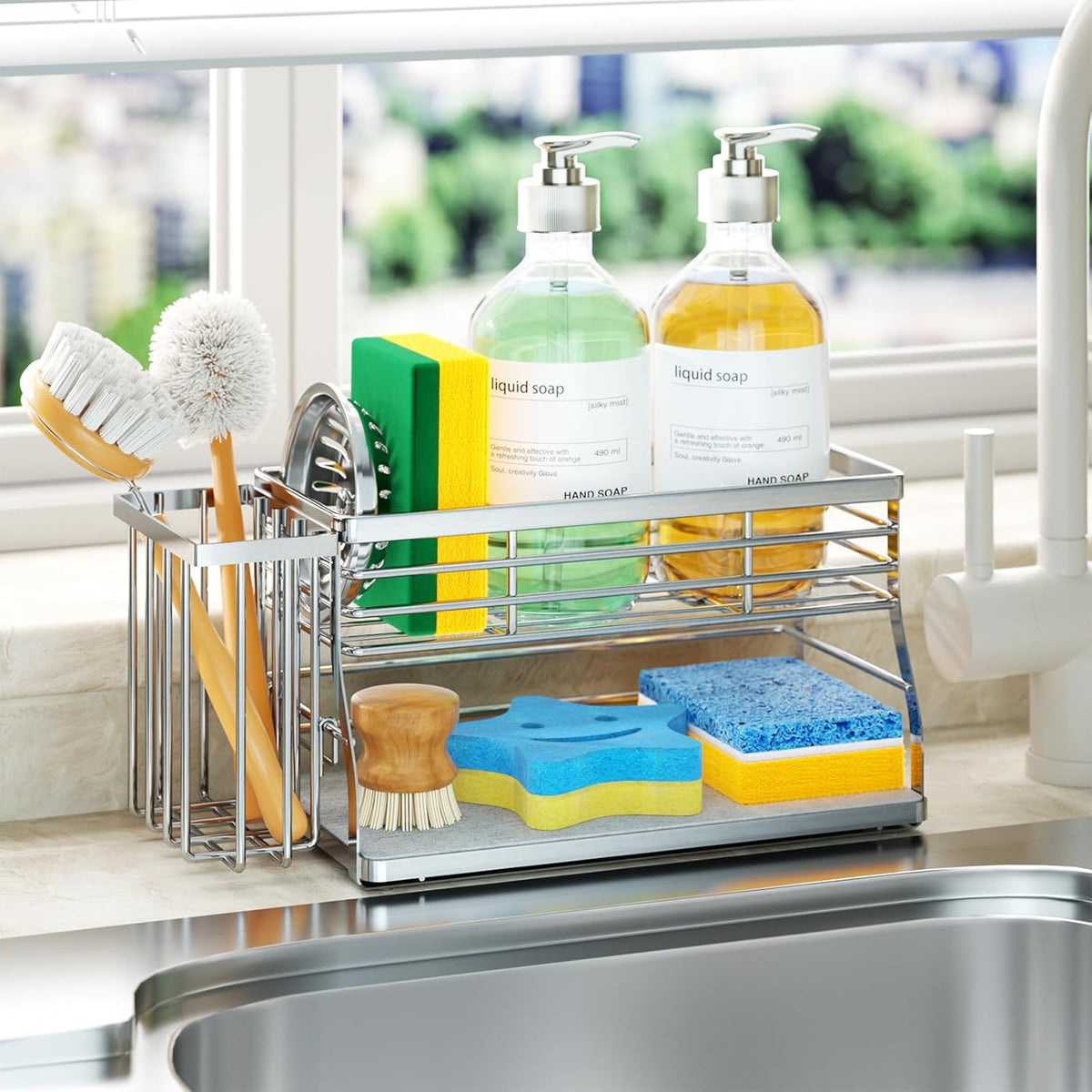 SWTYMIKI Kitchen Sink Caddy Organizer, 2 Tier Sponge Holder for Kitchen Sink with Instant Drying