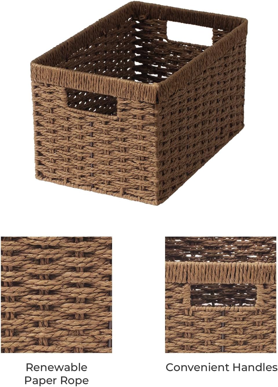 StorageWorks Round Paper Rope Storage Baskets, Rectangular Wicker Baskets with Built-in Handles