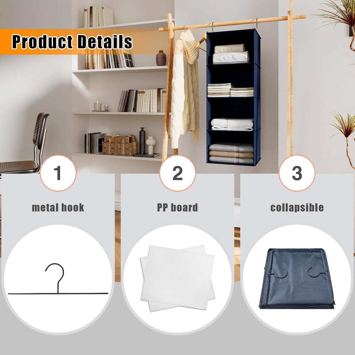 Hanging Closet Organizer - 4-Shelf, Easy Mount Foldable Wardrobe Storage Shelves for Clothes
