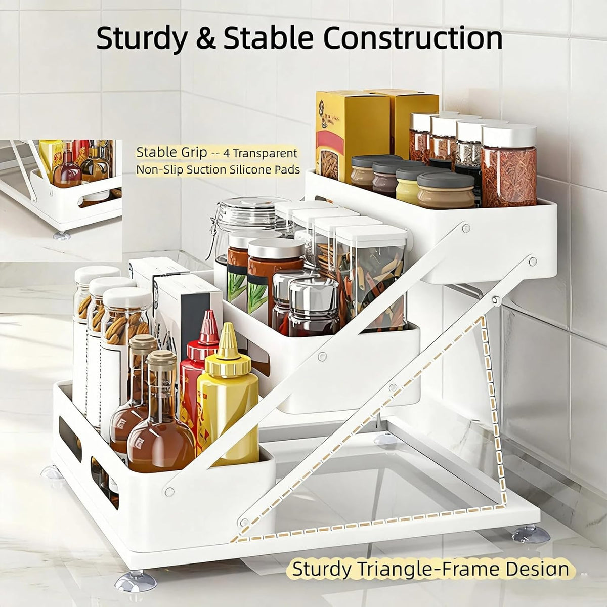 Bokelai Spice Rack 3 Tier Foldable Seasoning Organizer Jars Storage Holder Step Shelf for Cabinet