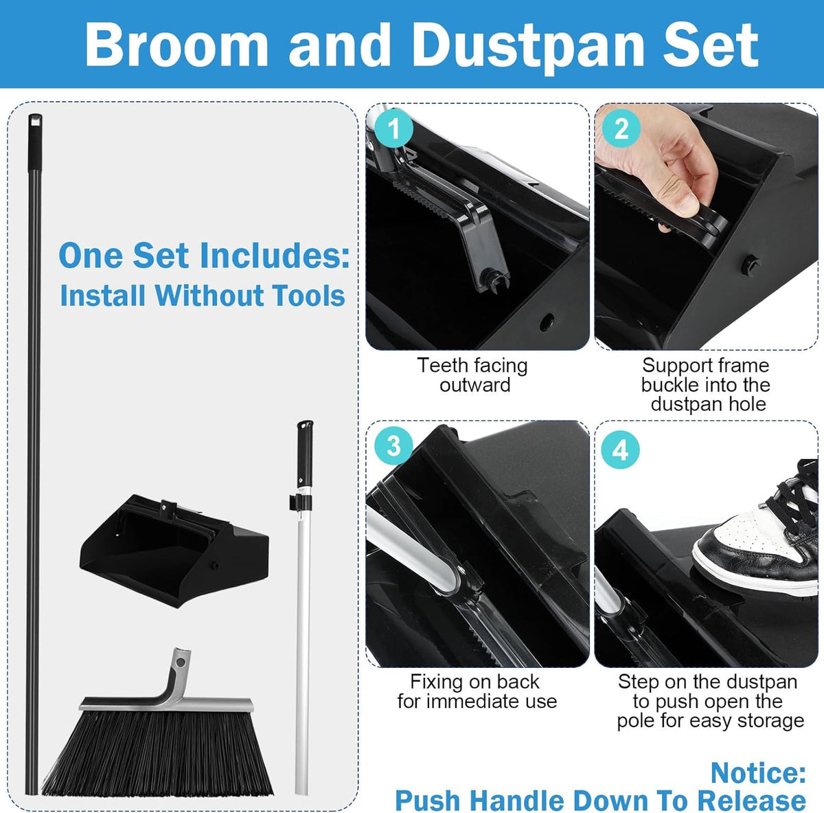 4 Set Broom and Dustpan Set 58 Inch Commercial Broom and Dustpan Combo Set Heavy Duty Lobby Dust
