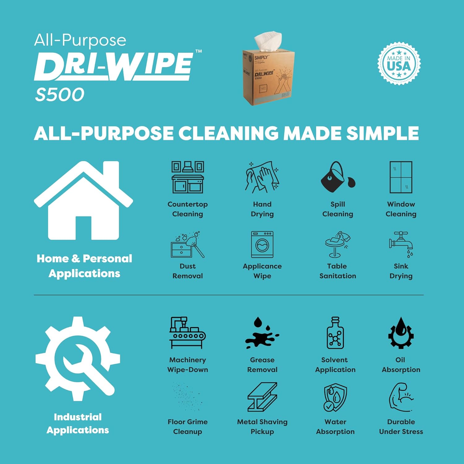Dri-Wipe S500 by SMPLY Brands – All-Purpose Disposable Wipes, 10 Boxes of 176 (1,760 Total Wipes)