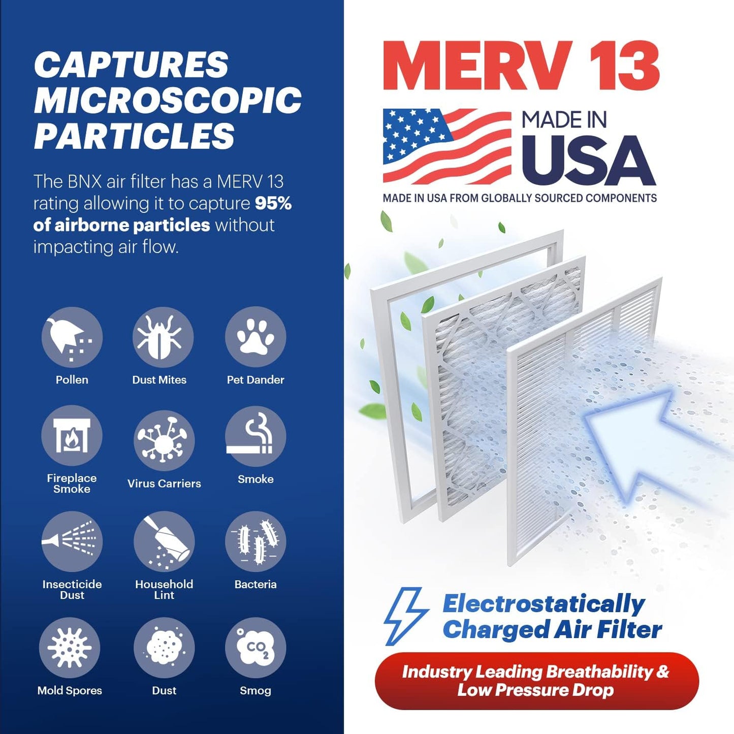 BNX TruFilter 16x25x1 Air Filter MERV 13 (6-Pack) - MADE IN USA - Electrostatic Pleated Air