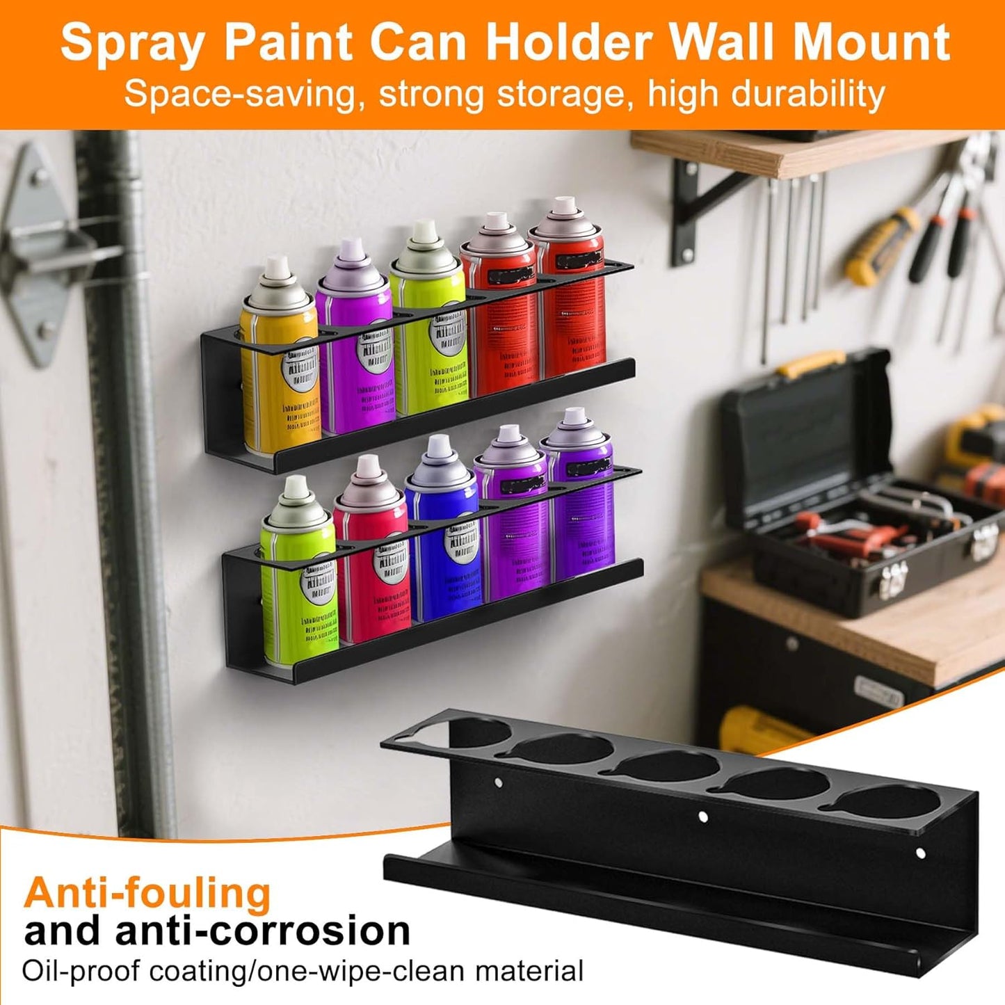 Wall-Mounted Spray Can Holder Rack Organize, 4 Pack Black Steel Aerosol Can Holder with Straw