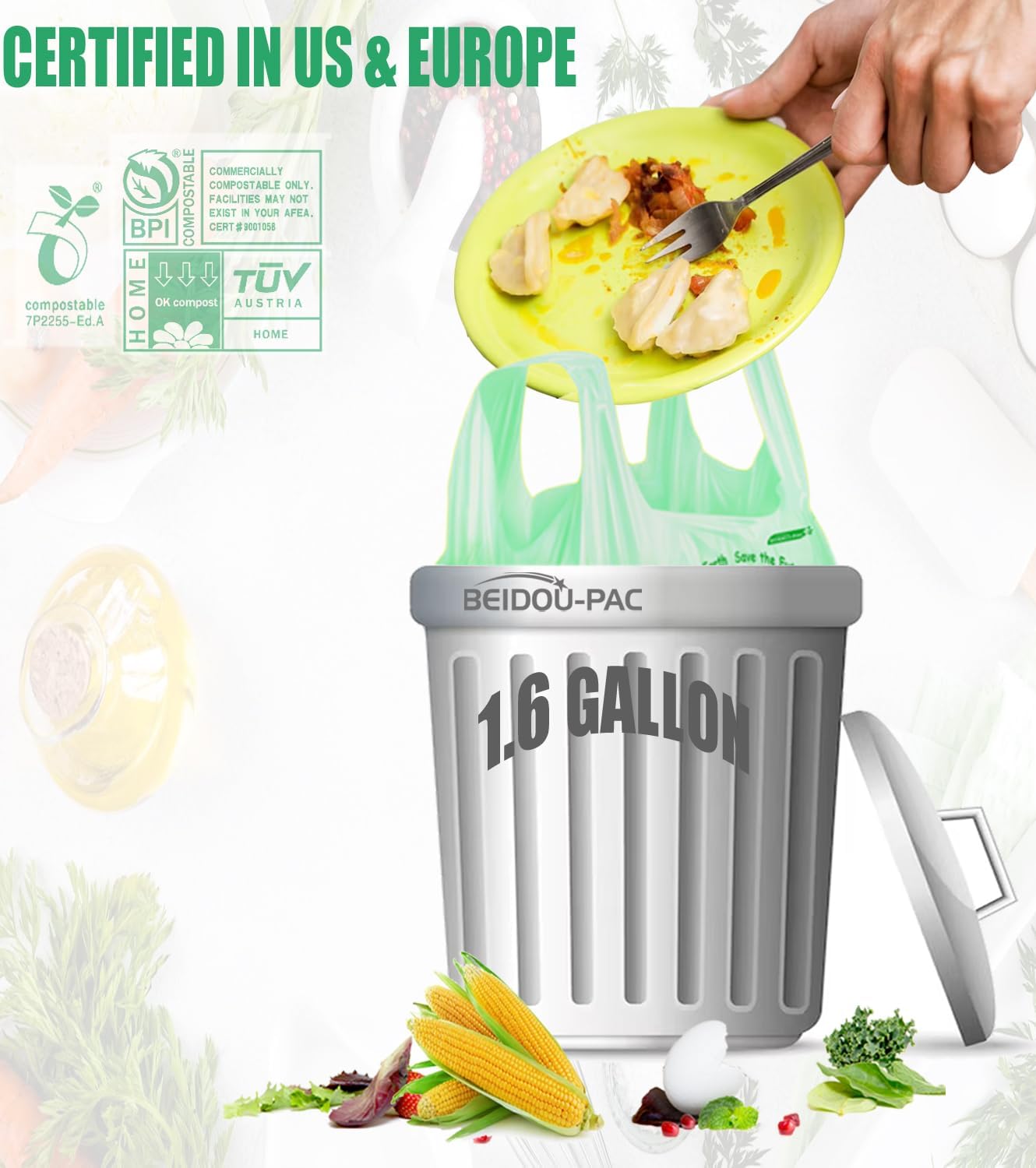 1.6 Gallon Compostable Trash Bags with Handle, 250 Count Small Compost Bags, Biodegradable Kitchen